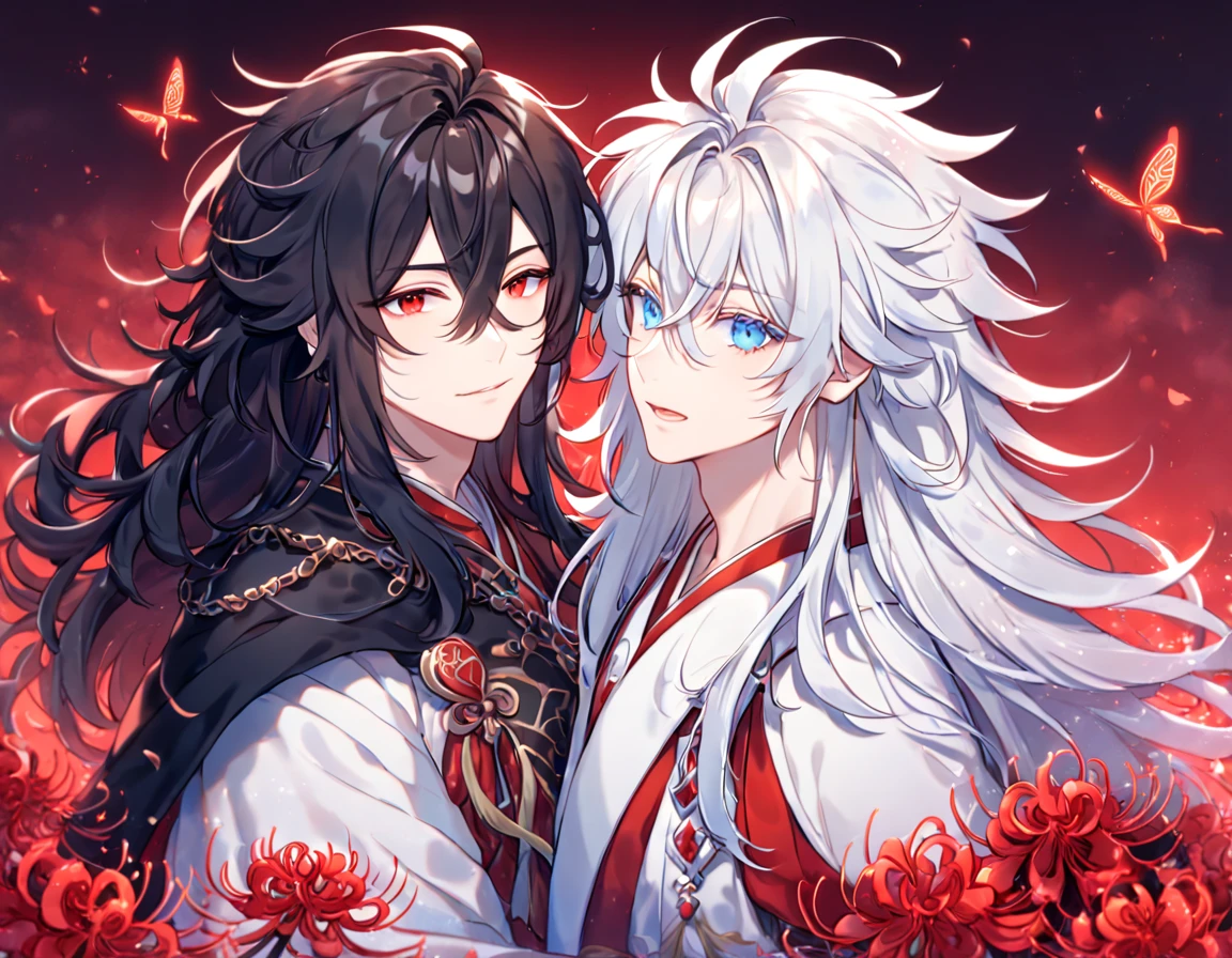 absurdres, highres, ultra detailed, HDR, master piece, best quality, extremely detailed face, delicated features, Xue Yu, untamed spiky hair, black hair, long hair, hair between the eyes, expressive red eyes, Thousand Years War, Gojou Satoru, white hair, messy hair, expressive blue eyes, two sexy men together, gay couple, yaoi, handsome, black cape, red robes, white robes, accessories, patterns, red sky, red butterflies, red spider lilies, fantasy, magical, radiant, chinese ambiance