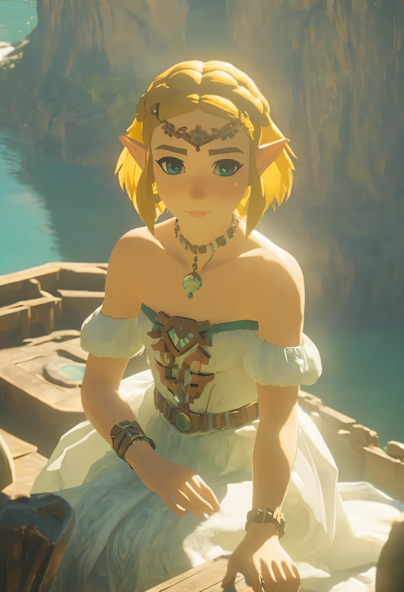 cinematic film still of a cute totkzelda,1girl,detailed wearing organza puffy dress, short hair, bare shoulders, solo,spread deep cleavage,leaning forward,
detailed eyes,detailed bond hair, (detailed White skin),(detailed light skin), medium breasts, (sunlight),(soft lighting),(soft pastel colors)(vivid color),(volumetric), detailed background,sitting on boat,from above,sunny day,light smile,
35mm film, sharp focus, canon f2.8 aperture,  