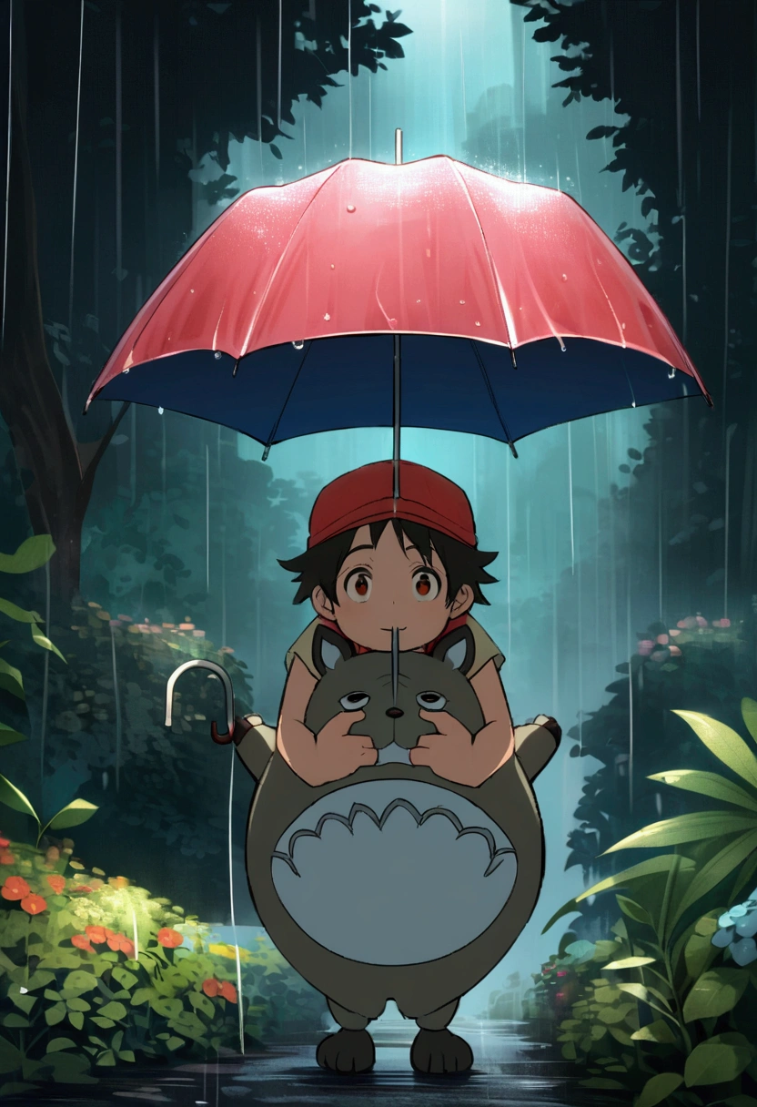 Create an image inspired by the combination of "Pokemon" and "My Neighbor Totoro." The setting is a dark bus stop。, Rainforest. A young boy with a red cap and vest, Similar to Satoshi Ketchum, Holding an umbrella. Beside him, Holding an umbrella大きなゲンガーもいます. A bus stop sign can be seen in the background, and rain is pouring down heavily, adding a mystical and whimsical atmosphere to the scene.