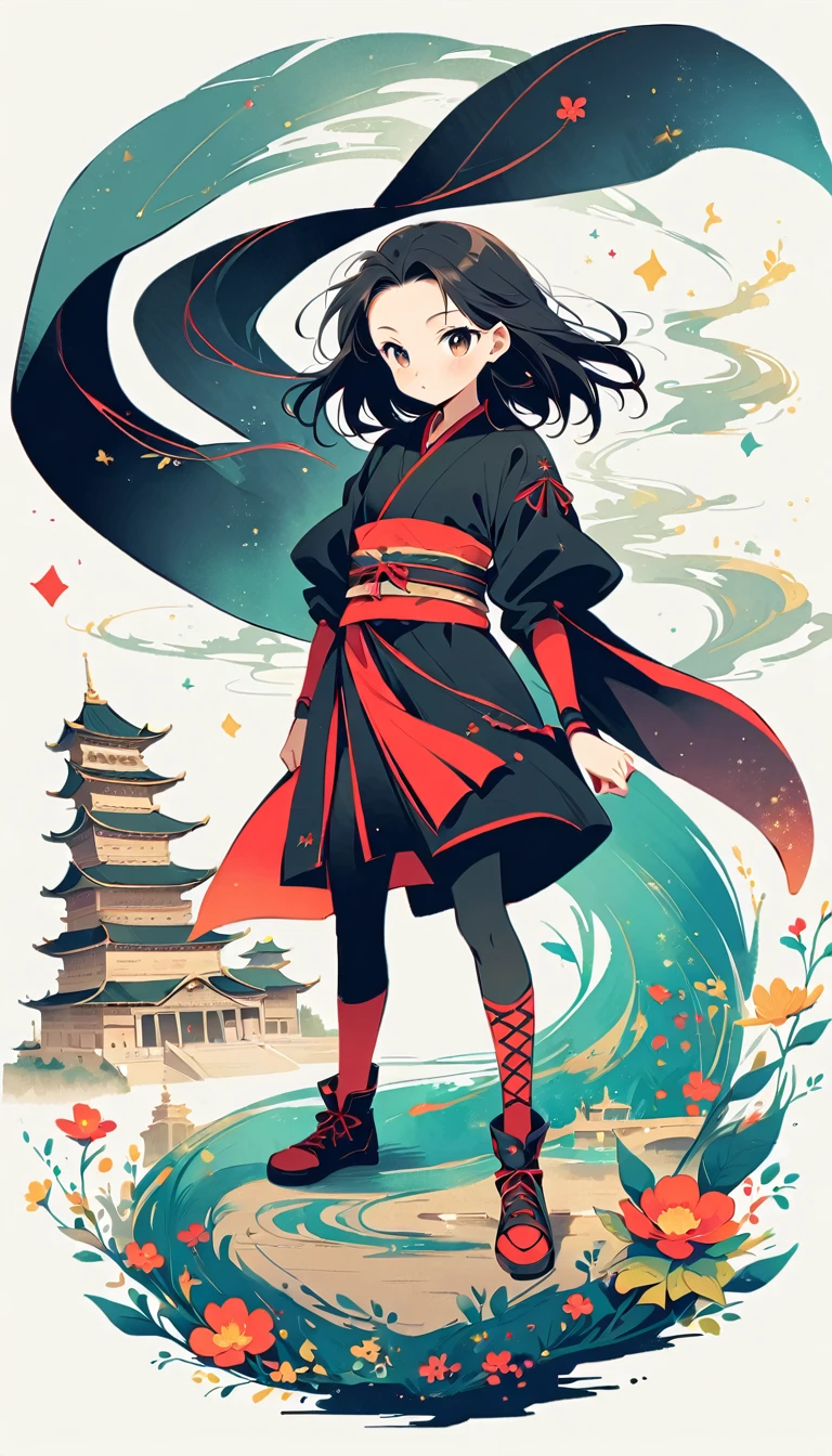 White background, Watase Seizo style, Ninja Assassin, Simple line initials, shining pupils, (((The Most Beautiful Girl))), 18 years old, palace background, vivid colors, whole body, black tone