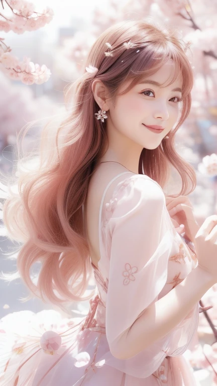 Dancing with Petals
Fairy's Appearance

Outfit: A dress made of cherry blossom petals. The design is fluffy and airy, with pink and white as the base colors, adorned with petals and leaves.
Hairstyle: Long wavy hair with a crown of cherry blossoms. The hair color is a soft pink.
Facial Features: Elegant and delicate features, large eyes, and light pink blush.
Accessories: Earrings and a necklace made of cherry blossom petals.
Location and Scenery

Location: A fully bloomed cherry blossom avenue.
Time of Day: Morning, with soft daylight streaming in.
Scenery: Cherry blossom petals are dancing in the air. The background features a clear blue sky.
Pose and Expression

The fairy is dancing among the falling petals. She has her arms spread wide and is smiling joyfully.
