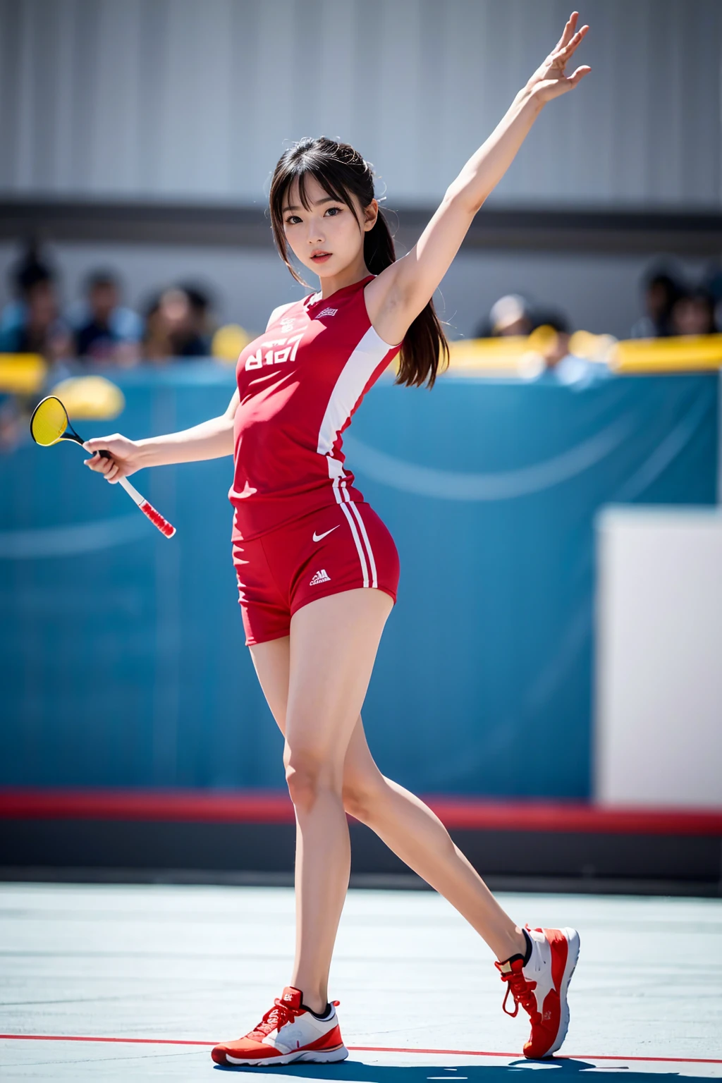 ((Paris Olympic background)), ((Full body)), (((perfect anatomy))),(((Ulzan 6500))),Dynamic portraits、Capture a beautiful Japanese badminton girl in the middle of a leap, Frozen in breathtaking moments of elegance. The subject's graceful poses and flowing sexy Olympic outfits、It is accentuated by dynamic lighting and particle effects. The style of the photo is、It resembles an ethereal watercolor painting, Emphasis on fluidity and beauty. Camera parameters: Nikon Z6, f/1.4 apertures, ISO320, shutter speed 1/500,8k highest quality, Olympic badminton competition background,
