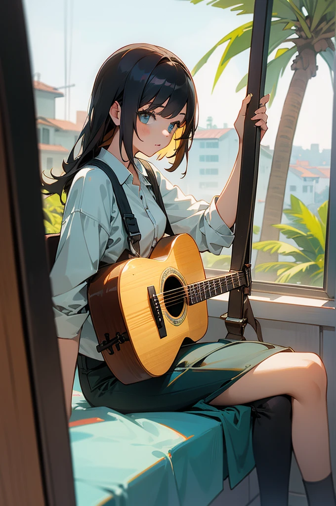 1 girl, sitting down with an acoustic guitar, background inside a house sitting behind a window that shows LA with palm trees, 1 girl is facing towards you,