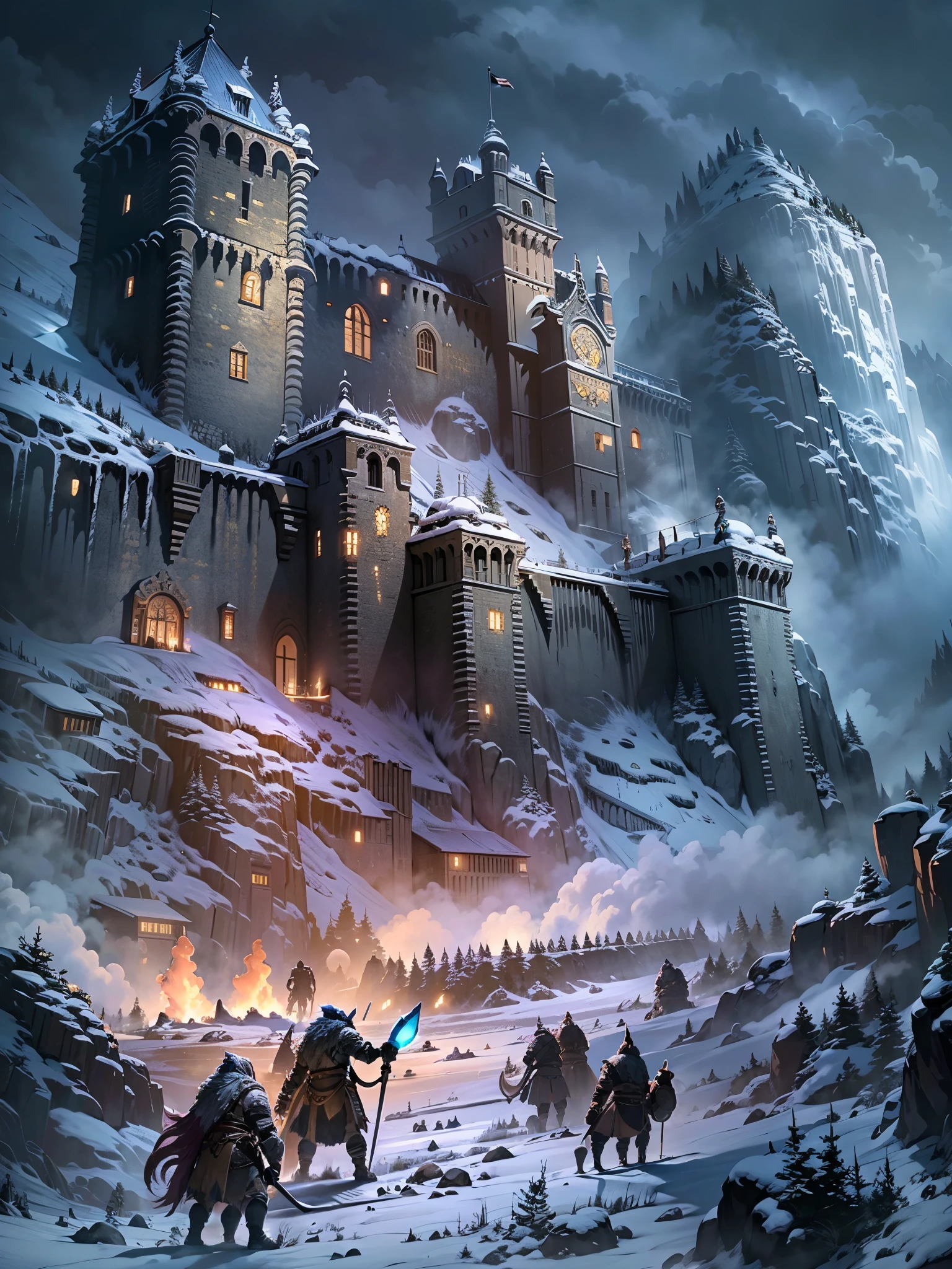 masterpiece, defense of a medieval citadel on top of a hill, the fortress is protected by a large wall, it is night in a cold winter, ((the wall is attacked by giants, ice giants and trolls)), the defenders of the wall are They defend themselves with bows and spears, there is a full moon and heavy snowfall 