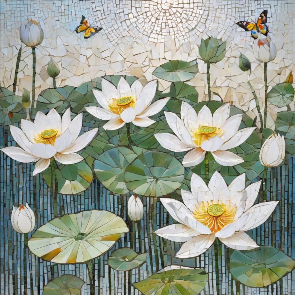 White background, many white lotus flowers, few leaves, butterflies flying, mosaic radiation: 1.2, welcoming sunlight: 0.8, Like pieces of glass transmitting warmth and energy into the space: 0.4 Sparkling and dancing, clean.