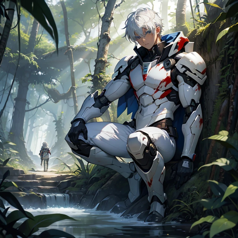 16 year old boy white hair-blue eyes, lying in the jungle watching riba bathed in blood with swords in his legs and chest, with mecha suit, bejetation,forest, calida 200k