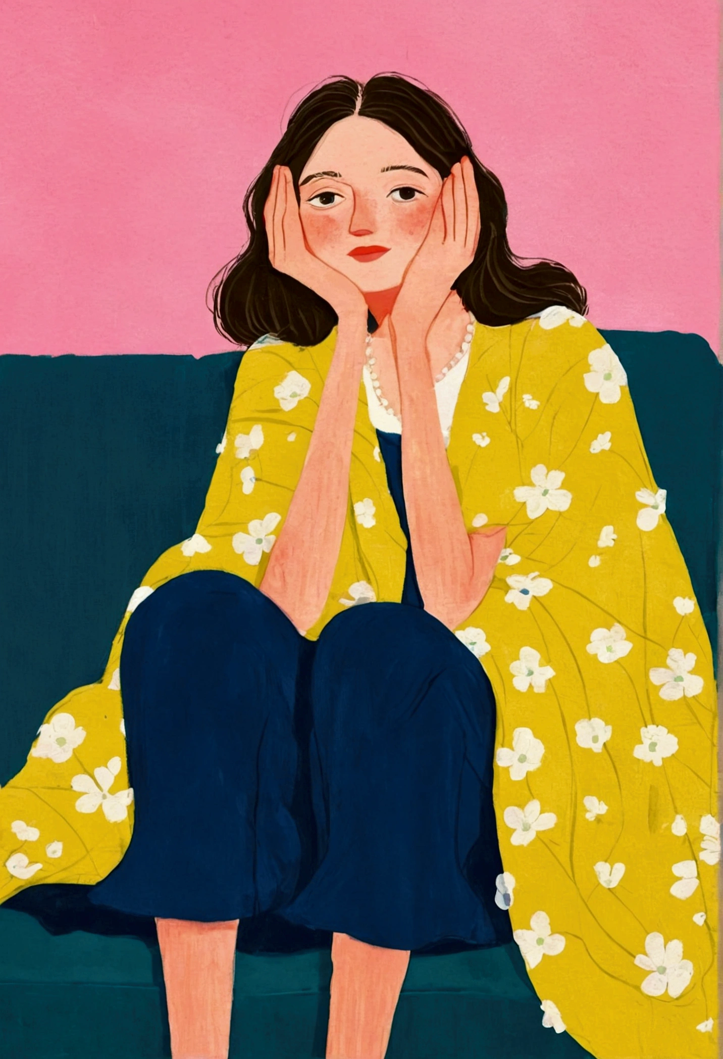 A lady sitting on a couch with his head in his hands, Gouache by Alex Katz, cg Social Hotspot, Childish Art, A man&#39;s, Painting of a woman, painting illustration, solo portrait 🎨🖌️, painterly illustration, illustration painting, illustration!, illustration | Rutkowski, 2 d gouache illustration, Woman sitting