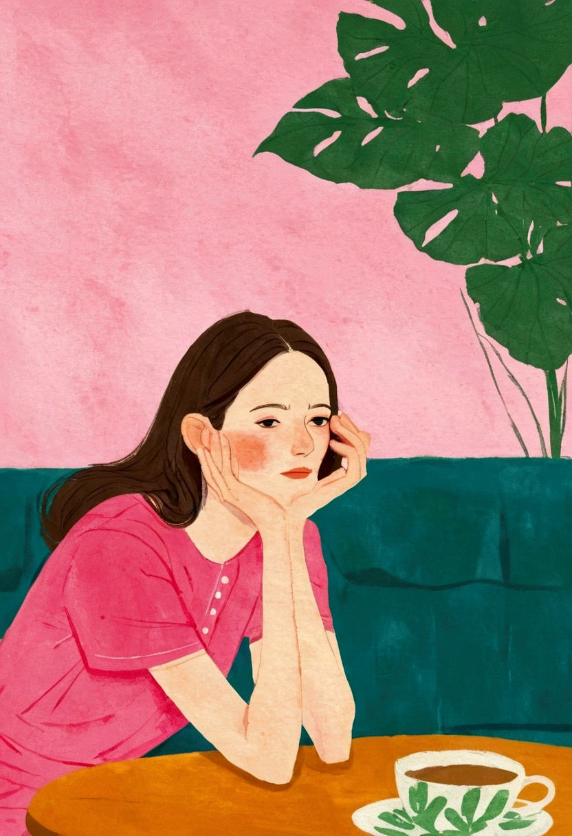 A lady sitting on a couch with his head in his hands, Gouache by Alex Katz, cg Social Hotspot, Childish Art, A man's, Painting of a woman, painting illustration, solo portrait 🎨🖌️, painterly illustration, illustration painting, illustration!, illustration | Rutkowski, 2 d gouache illustration, Woman sitting
