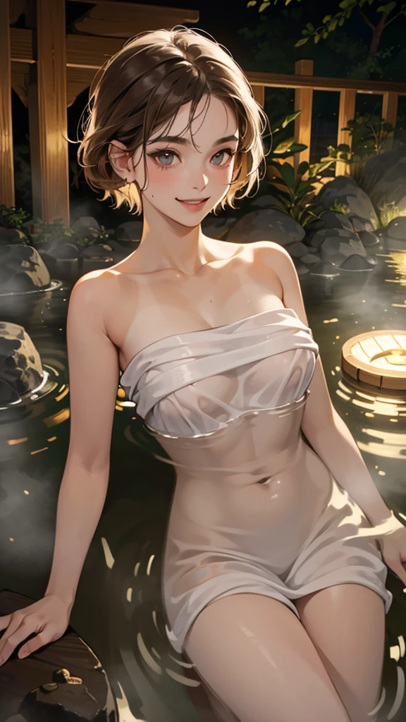 (perfect anatomy:1.2)(absurdres, highres, ultra detailed),masterpiece,best quality,high resolution,8k,Realistic face,Realistic skin texture,magnified textures, stunning clarity,detailed anime girl,(ultra detailed eyes and face),(:1.2),(babyface:1.2)、(very short hair)、tareme,light brown hair:1.2,glamor、short stature,(onsen:1.5),Steampunk in the Edo Period、(Vivid hieroglyph signs and street advertisements:1.2)、(smile:1.4)、hieroglyph,souk,Shopping Street,(tanned skin:1.3),big breasts,fit body,,round face,(She's removing a soaked white bath towel)