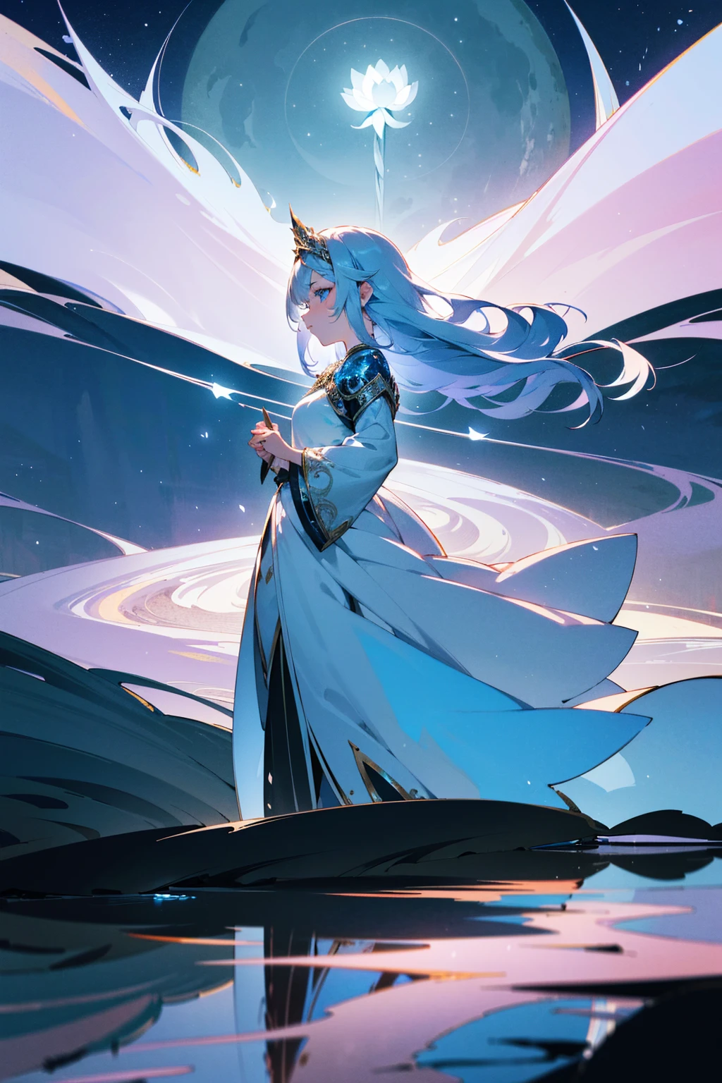 1girl, silver hair, blue eyes, enchantress, flowing white gown, magical aura, standing by moonlit lake, glowing lotus flowers floating on water, (best quality,4k,8k,highres,masterpiece:1.2),ultra-detailed,landscape,fantasy,cinematic lighting,intricate details,dramatic atmosphere,ethereal,mystical,serene,tranquil