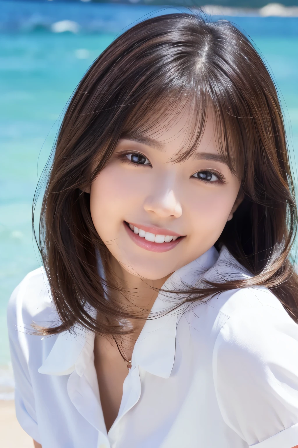 ((Highest quality、Tabletop、8K、Best image quality、Extremely intricate and detailed))、(1 person photo:1.1)、(Look at me with your best smile:1.1)、(Beautiful beaches:1.1)、(White polyester high short sleeve collar shirt:1.1)、(The perfect short sleeve collared shirt:1.1)、Accentuate your body lines、The most natural and perfect sea background、最も澄んだBeautiful sea、(Very large breasts:1.1)、(Face close-up:1.2)、Glamorous Body、Hair swaying in the wind、Sandy Beach、Beautiful sea、The clearest and most shining sea、Complex sea glow、The most detailed and realistic ocean、Beautiful seaの詳細が描かれています、(Very brightly lit face:1.2)、Ultra-high definition beauty face、(Ultra high resolution perfect beautiful teeth:1.1)、Ultra HD Hair、Ultra-high definition sparkling eyes、(Pure white skin shining in ultra-high resolution:1.2)、Ultra-high quality glossy lips、The cutest gravure pose、(Very bright and vivid:1.2)、(Very bright:1.2)、(Very refreshing:1.1)、(Glowing white beautiful skin:1.2)、(Very strong exposure:1.2)、(Pure white skin that shines Very brightly:1.2)、(Very strong highlights:1.2)、(Very bright and glowing skin:1.2)、Blurred Background,Big Breasts
