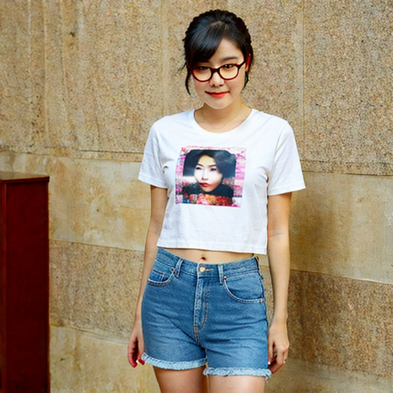 (masterpiece, perfect quality:1.2), beautiful detailed. cute face, 1girl, short, , slightly chubby, short black hair, black hair over one eye, glasses, t-shirt, black jeans, pear shape hips, slightly thick legs, solo, indoors,
