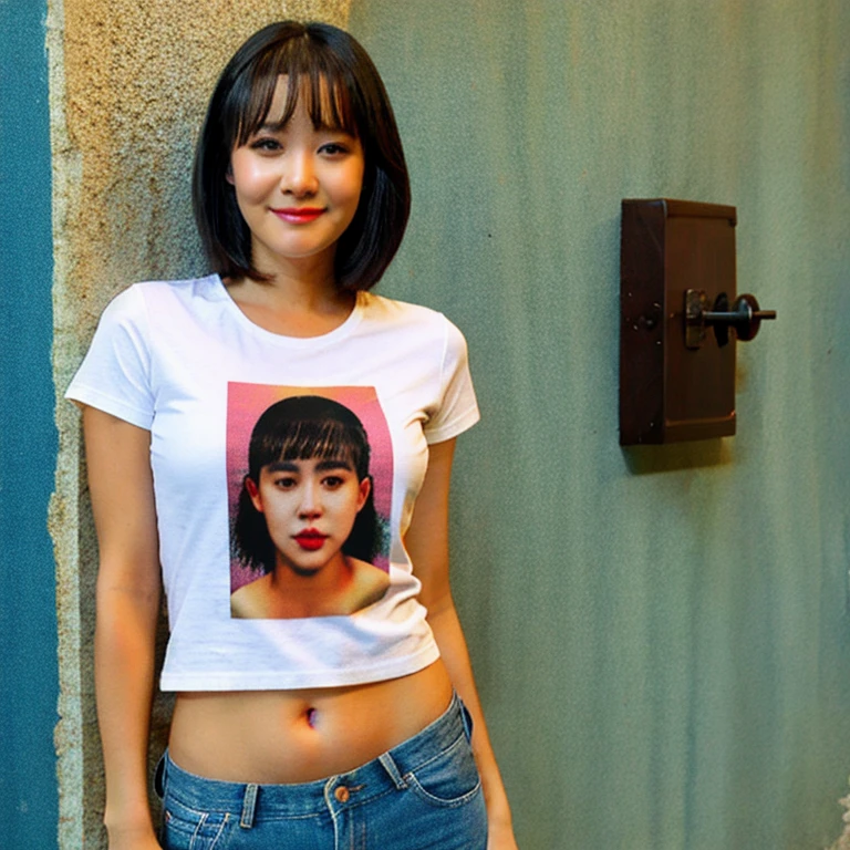 (masterpiece, perfect quality:1.2), beautiful detailed. cute face, 1girl, short, , slightly chubby, short black hair, black hair over one eye, glasses, t-shirt, black jeans, pear shape hips, slightly thick legs, solo, indoors,