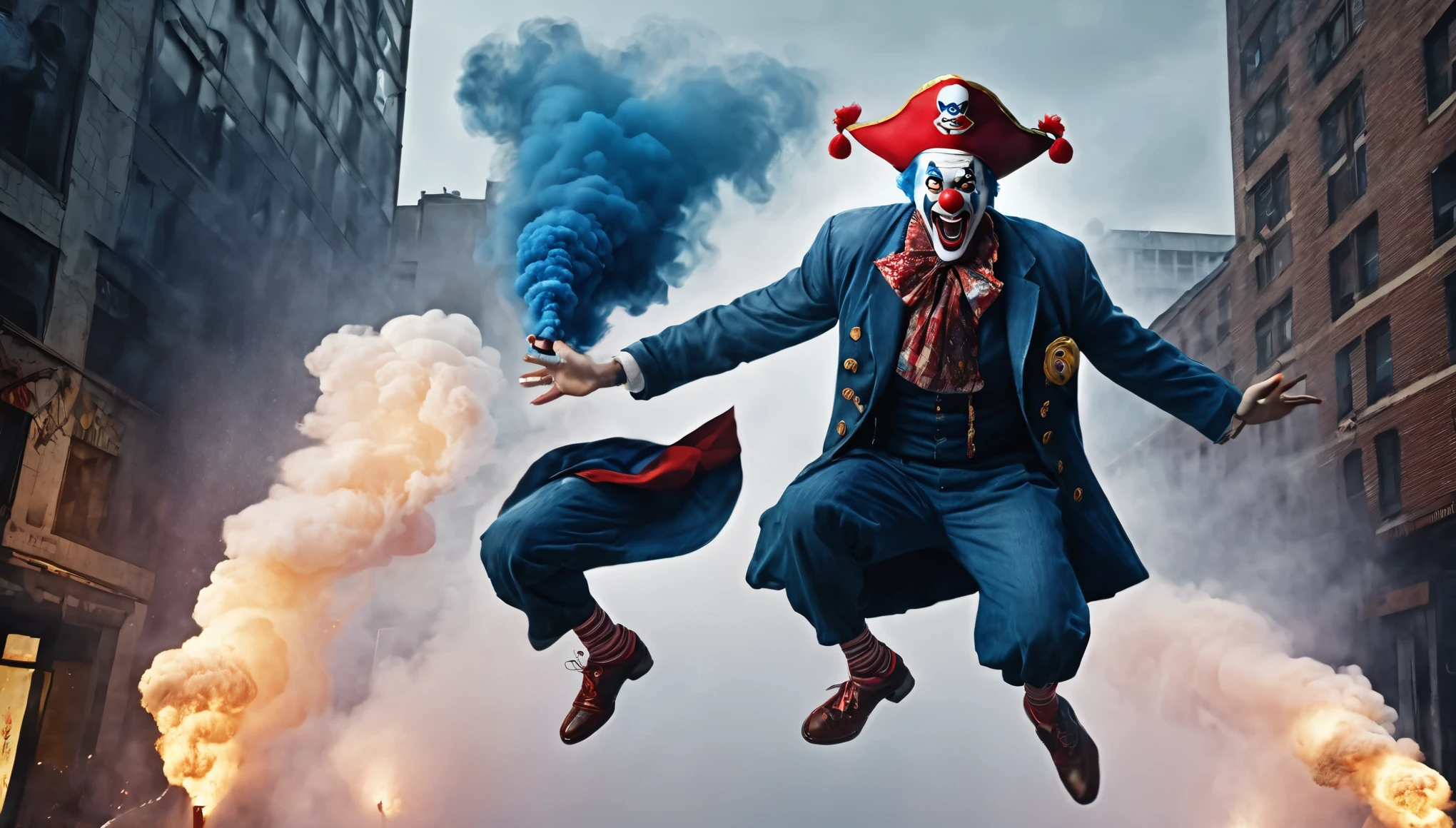 masterpiece, best quality, extremely detailed, hyperrealistic, photorealistic, a cool 40s man, ultra detailed face, clown makeup, red pirate hat, white skin, red nose, long blue hair, city, in the night, nightmarish, mystical fog, smoke, explosion, artistic jump, dynamic angle, surprised