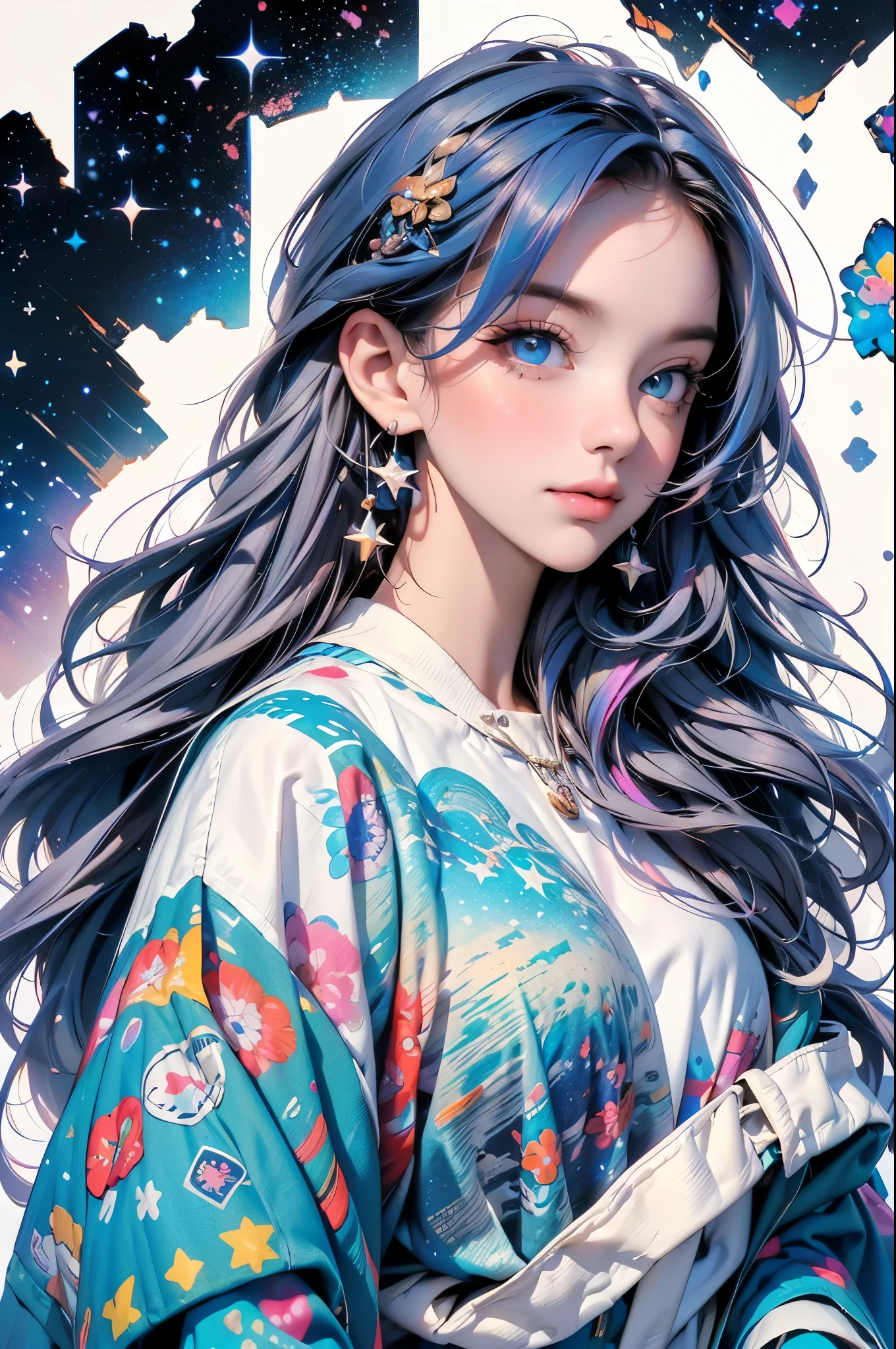 ((masterpiece)), (((best quality))), ((ultra-detailed)), ((illustration)),[realism light effect],shadow,(Fantasy style),(white background:1.6), simple background, (earth theme),(a cloak)[(hair focus,((1girl)),[(big slime hair): (cloud hair):0.3], (hair on background),(high saturation),(hair surrounded by galaxy splashes),)):((her hair is becoming galaxy clouds,:1.27628), (hair and clothes is galaxy clouds and cluster of stars:1.1025),(a cloak is becoming galaxy clouds)(colorful_galaxy_print_clusters_of_stars_print:1.35),((detailed starry sky with colorful galaxy and galaxy clouds):1.2)):0.35], (((masterpiece))),(((best quality))),((ultra-detailed)),(illustration),(dynamic angle),((floating)),(paint),((disheveled hair)),((beautiful detailed face)),collar,bare shoulders, ((colorful hair)),((streaked hair)),beautiful detailed eyes,(Gradient color eyes),(((colorful eyes))),(((colorful background))),(((high saturation))),(((surrounded by colorful splashes))),(((surrounded by colorful dot))),colorful bubble,((shining)),