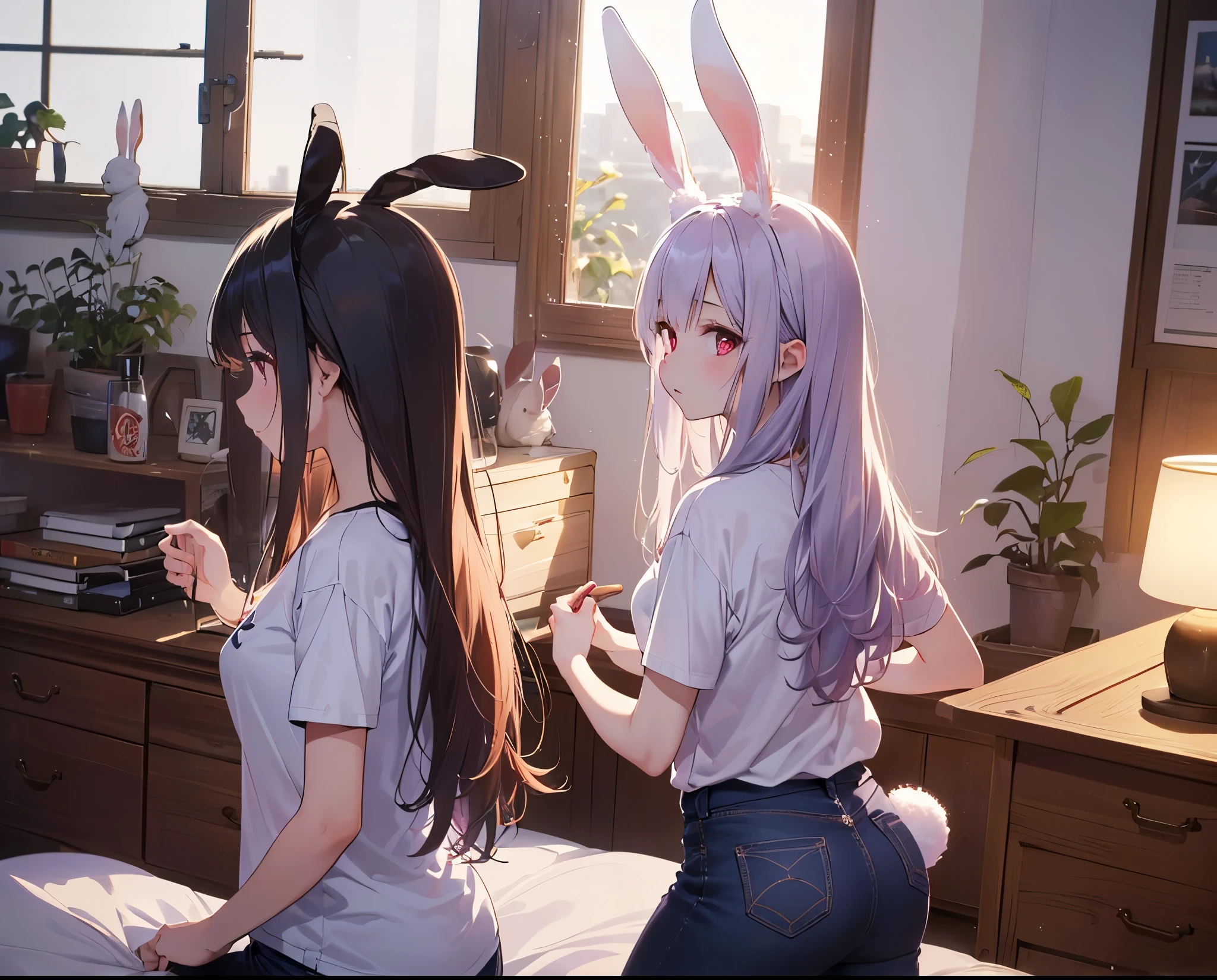 (Close-up:1.3),Realistic,Highest quality, Super detailed, High-quality CG rendering, The most delicate and beautiful, Floating softly, High resolution, (1 girl), (Highest quality,4K,8k,masterpiece:1.2), Light purple hair,(Long Hair:1.5),(Rabbit ears:1.5),Red eyes,(Pure white oversized short sleeve T-shirt:1.3),(Black skinny jeans:1.3),(Small room),bed,bedに倒れている,(bedにうつ伏せ:1.5),(Turn your back to your audience:1.3),Butt,Pure white socks
