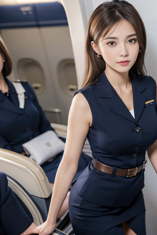 masterpiece, Highest quality, Realistic, Very detailed, Finer details, High resolution, 8k wallpaper, One beautiful woman, (((Wear a navy blue flight attendant uniform))), Wearing a tight skirt, wearing heeled shoes, ((On board an airplane: 1.4)), At night, Light brown messy hair, Perfect dynamic composition, Beautiful and beautiful eyes、Small earrings、Are standing、whole body