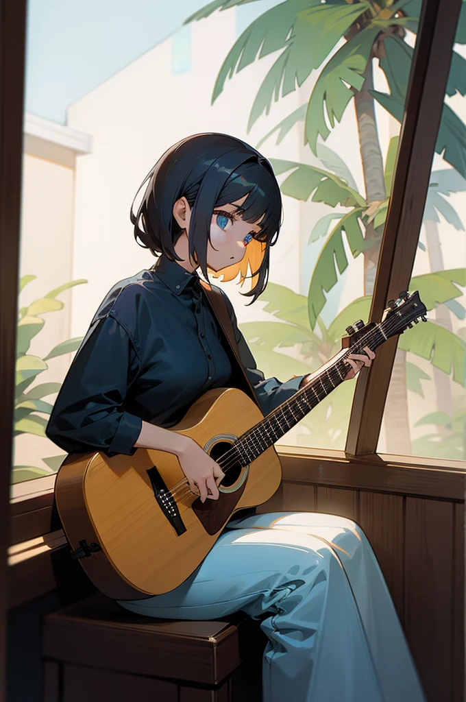 1 girl, sitting down with an acoustic guitar, background inside a house sitting behind a window that shows LA with palm trees, she is facing towards you,