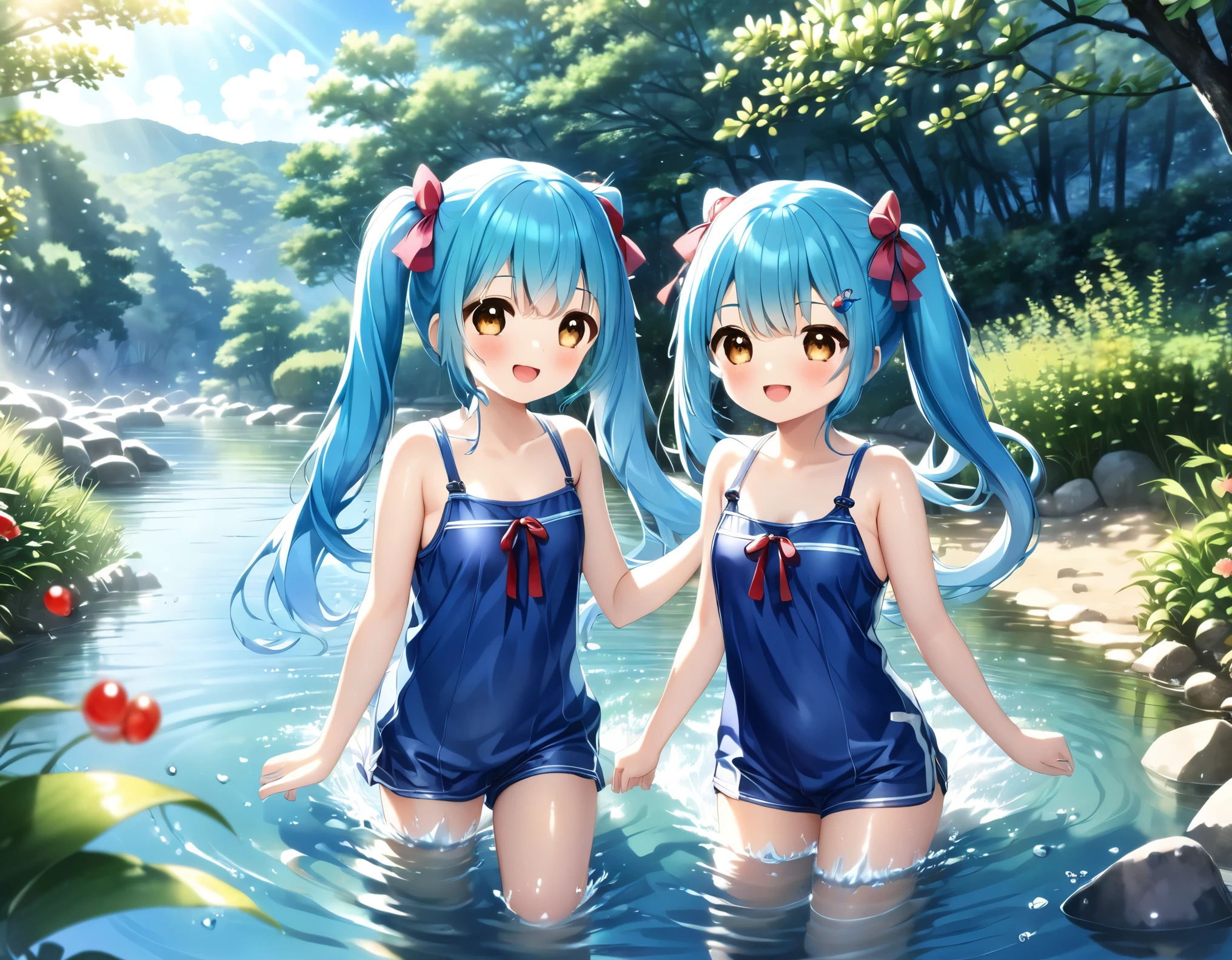 (masterpiece, best quality, 8k wallpaper:1.2 ), ultra detailed, absurdres, highres, long blue-green twintail hair, (hatsune miku:1.3), 7 yo, (2 girls), Elementary school student, short legs, short arms, petit, being stumpy, (bend over forwards deeply from facing below), ((1girl)), (flat chest), (((glossy slippy smooth texture {blue|black} one-piece japanese school swimsuit:1.3))), ((merciful motherhood kind smile)), (looking at viewer), lower body, close up butt, too sweaty body, silky skin, beautiful eyes, long hair flowing with the wind, beautiful smile line, big blue eyes, shiny hair, beautiful detailed eyes, beautiful detailed skin, beautiful detailed clothes, hand on hip, head tilt:1.2, (flat chest), troubled eyebrows, framed double breasts, under bust, too wet skin, too wet clothes, glossy skin, glossy clothes, skindentation, skin tight, thick tight, Calm stream, portrait, bend forwards deeply, (flat chest), cute face, kawaii, peeping shot from facing below, peeping dripping, open legs, spread legs, squatting, knees stand up, realistic, realism, photorealistic, (((A lot of waterfall yellow sweat is flowing from the crotch))), girls sandwich, ((2 girls close to the center nearby)), ((reach out to the viewer:1.2)), both inner thighs, loli child, child girl, framed