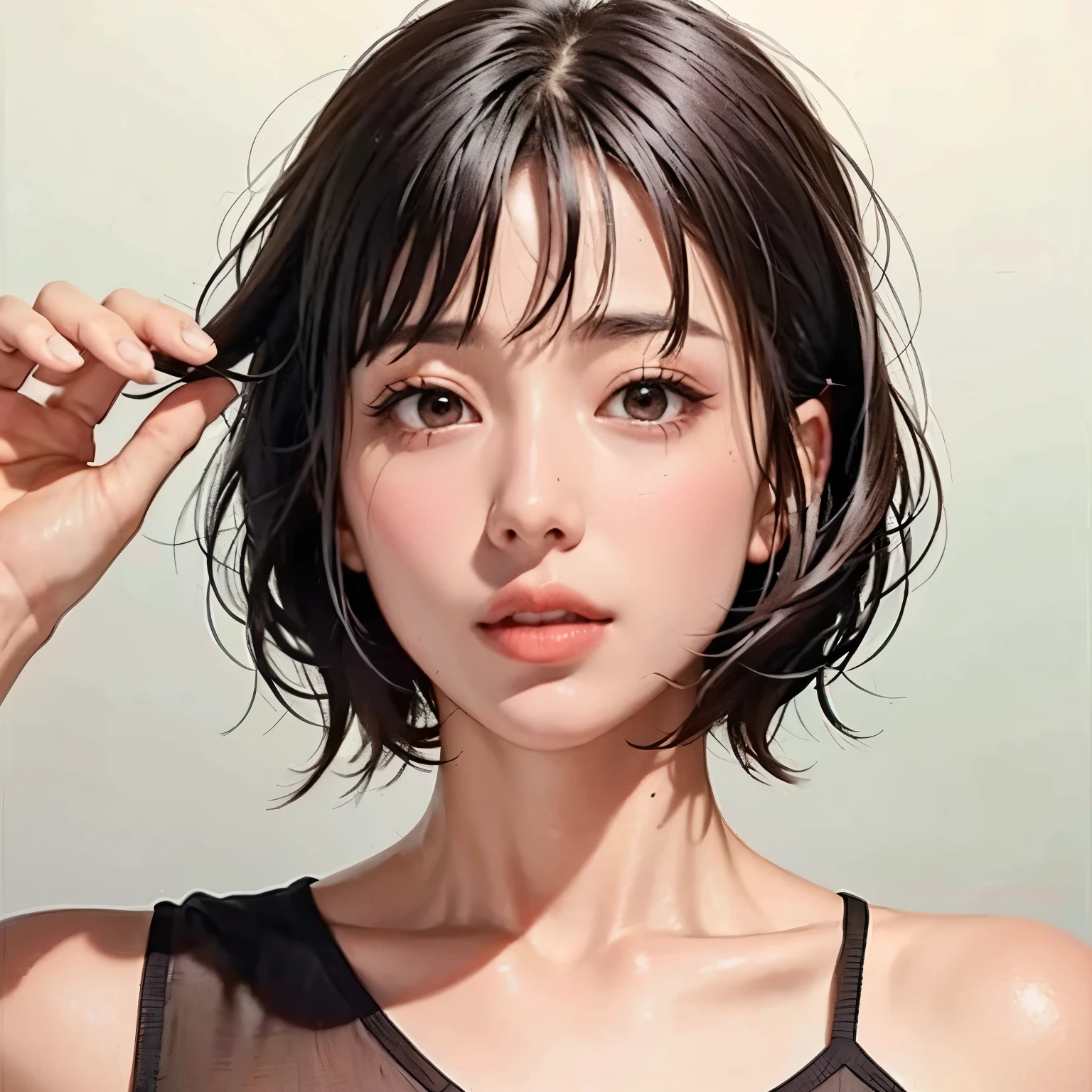 Beautiful girl with short hair with straight front bangs covering her forehead to her eyebrows, hair styles Yor Forger