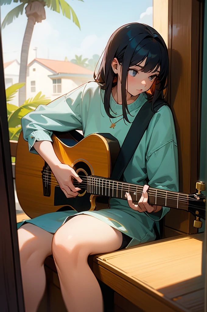 1 girl, sitting down with an acoustic guitar, background inside a house sitting behind a window that shows LA with palm trees, she is facing towards you,