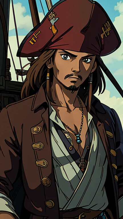 (jack sparrow), (extremely detailed CG unit 8k wallpaper),(master part), (best quality), (ultra detail), (best illustration),(ghibli style), cowboy shot, (Sharp eyeliner, ombre, detailed eyes:1),
pirates_of_the_caribbean background, break , upper body