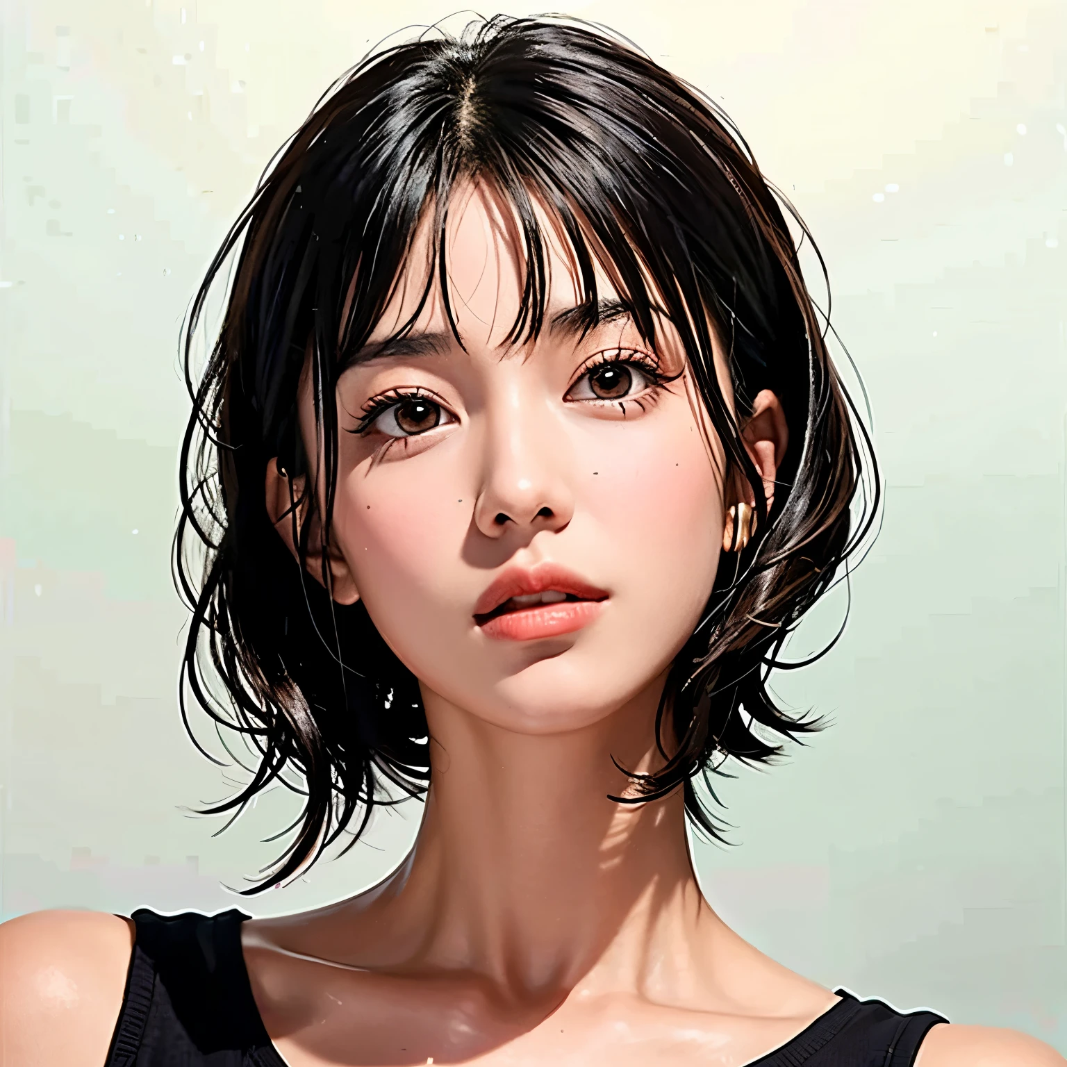 Beautiful girl with short hair with straight front bangs covering her forehead to her eyebrows, hair styles Yor Forger