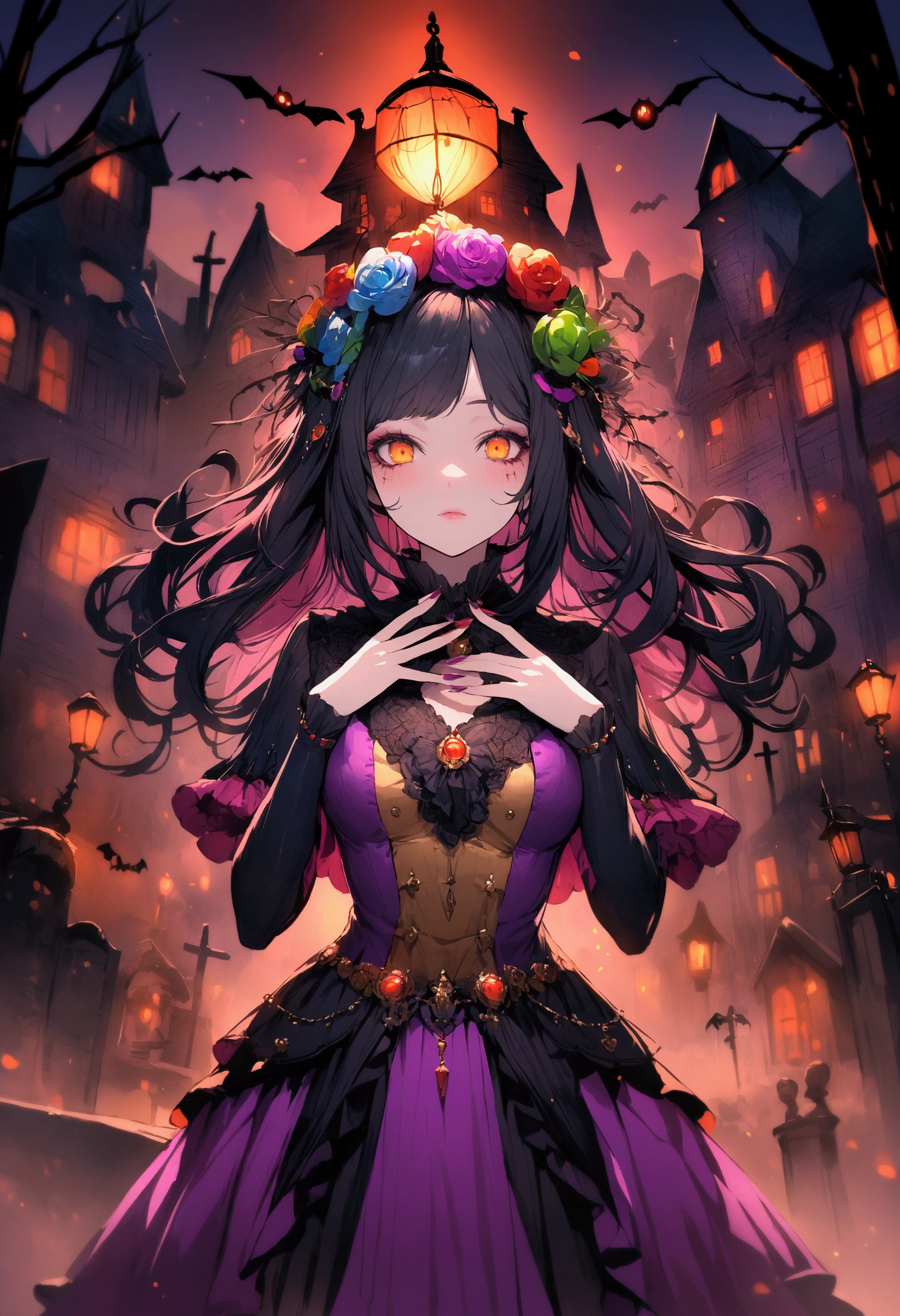 (high resolution),(Extremely detailed),[rich and colorful],(Depth of Field),(Perfect face),Detailed clothing,Dark haunted house,cobweb，girl