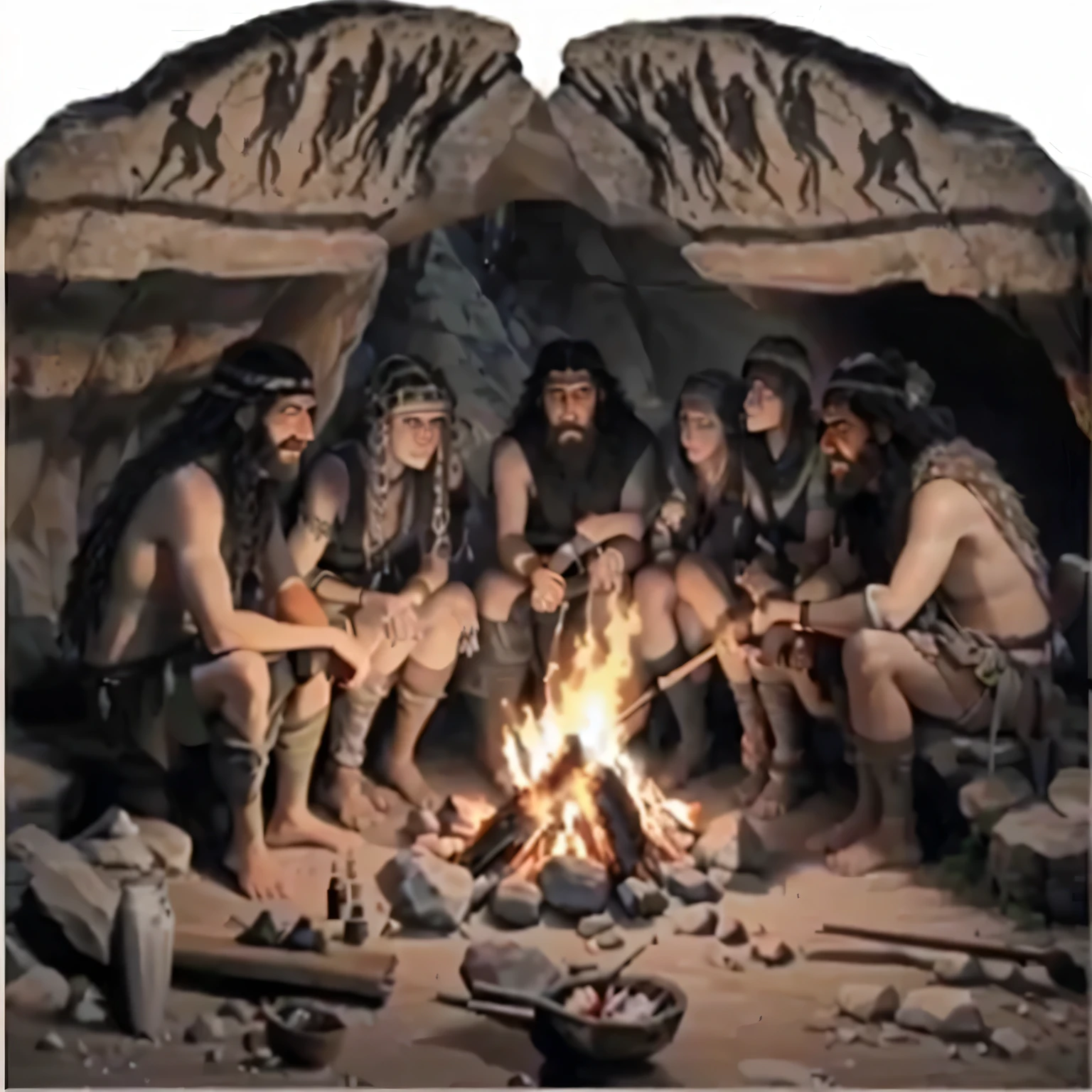 Group of Arafed people sitting around a campfire in a cave., prehistoric cave man family, Neanderthal, Neanderthal eating sushi, Stone age rave in a cave, next to the dinosaur there are cavemen, Stone age, prehistory, ancient tribe, anthropology photo", Promotional image, prehistoric, paleolithic rock art, Bronze Age