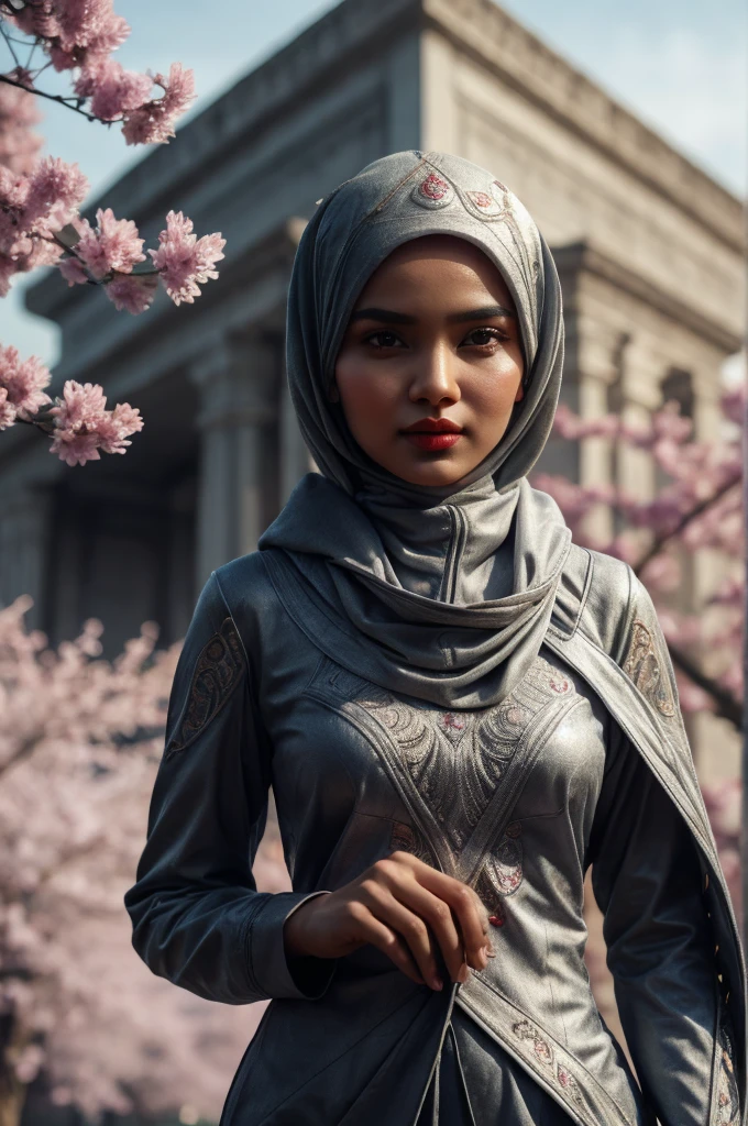 beautiful malay young woman in hijab, wearing hazmat suit made of silver, thick symmetrical features, background is cherry blossoms, pink aura, red lips, octane render,
