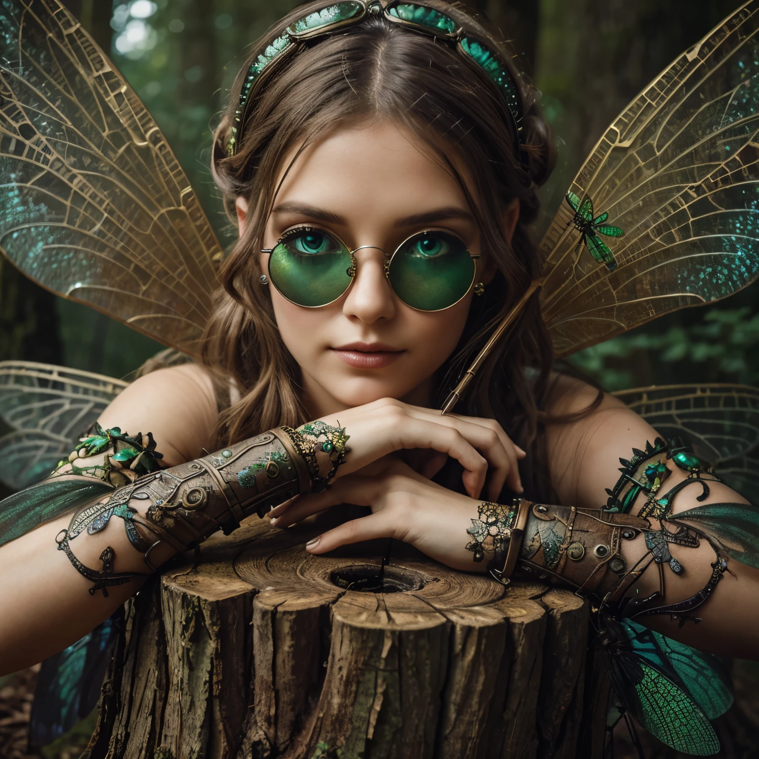 real and realistic photo. beautiful fairy with dragonfly wings, green eyes and steampunk glasses on her head, leaning on a tree stump, high detail