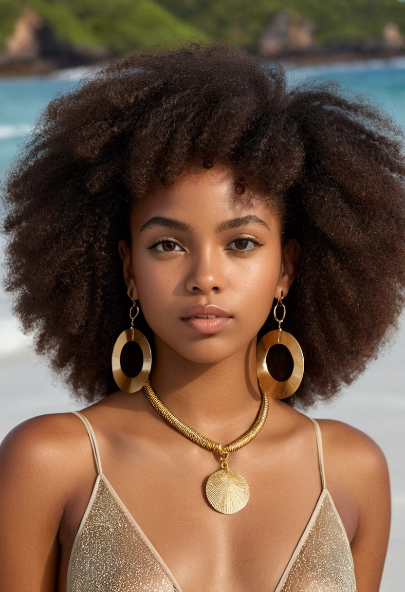 20-year-old Brazilian black girl wearing a sheer swimsuit, showcasing her entire body and exuding confidence and elegance. Her breathtaking afro is the focal point, framing her large, expressive eyes and long lashes. She wears minimal, natural makeup, showcasing flawless nude lipstick that complements her relaxed yet chic style. She accessorizes with stylish gold hoop earrings and a delicate necklace, embodying refined sophistication. The setting is a paradise beach, and the soft, natural lighting accentuates her radiant brown skin, solidifying her reputation as an influential fashion icon.