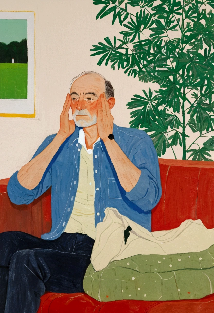 A man's sitting on a couch with his head in his hands, author:Alex Katz, inspired author:Alex Katz, Inspired by Chantal Joffe, A man's, author:Lois Dodd, inspired author:Lois Dodd, A man's画, by Kat Watcher, inspired by Noémi Ferenczy, Inspired by Euan Uglow, illustration