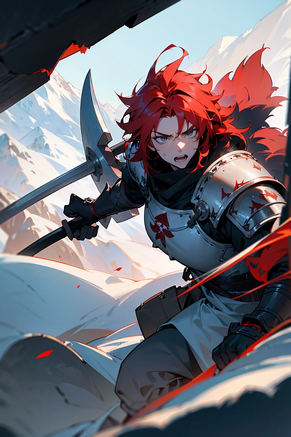 1 male, red hair, grey eyes, barbarian, fur-lined armor, large axe, snowy mountain peak, howling wind, (best quality,4k,8k,highres,masterpiece:1.2),ultra-detailed,cinematic lighting,dramatic,epic,awe-inspiring,powerful,intimidating