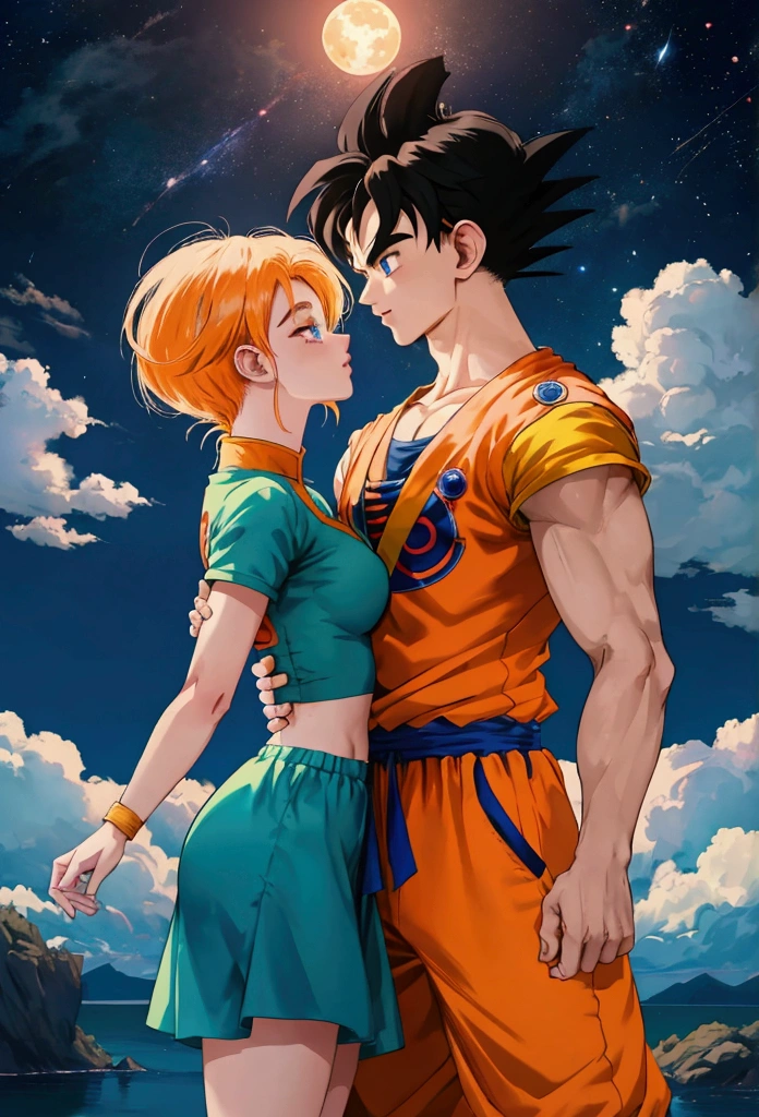 (1girl,bulma from dragon ball,goku from dragon ball,detailed face,highly detailed,photorealistic,cinematic lighting,dramatic lighting,beautiful detailed eyes,beautiful detailed lips,extremely detailed eyes and face,highres,best quality,8k,masterpiece,award winning,digital painting,hyper detailed,intricate details,cinematic composition,dramatic angle,volumetric lighting,depth of field,sharp focus)