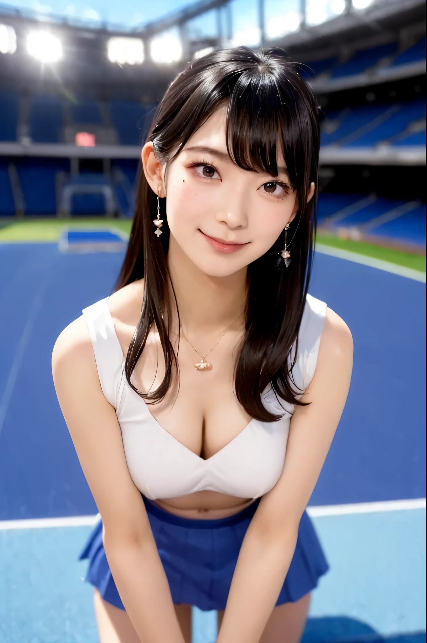 ((Medium Long Hair:1.3)), ((straight legs:1.3)),(Mole under the corner of the right eye:1.2),8k, Tabletop, RAW Photos, Highest quality, Very detailedな CG Unity 8k 壁紙, Written boundary depth, Natural light, Lens flare, Ray Tracing, (Very beautiful face, Beautiful Lips, Beautiful Eyes), Exquisitely detailed face, ((Very detailedな肌)) One Girl, Cute Korean Girl, K-POPアイドル, ((1 girl)), (Very slim and slender fit muscular body:1.3), ((The whole body is facing upwards:1.3)),(A shy smile:1.3), Clear Eyes, (Pale skin), (Big eyes),(Black Hair),Very slim, Mid-chest, In front of eyebrows, Thick thighs,D cup breasts,Highest quality, Highest quality, 16K, Unbelievably absurd, Very detailed, 2.5D, delicate and dynamic, blue sky, Confetti、 flag, Very delicate look, Delicate eye depiction, Very Fine Hair,erotic, Sexy Woman, Healthy body shape, Cheerleader、Sexy long legs, Glowing Skin, , ((派手な赤いCheerleaderのコスチューム, mini skirt、Audience seats、Stadium))、Embellished bodysuit、Stick your butt out、Tie up your hair、Raise your arms、Vigorous Pose、On all fours、Point your ass to the camera、Back view、Cleavage