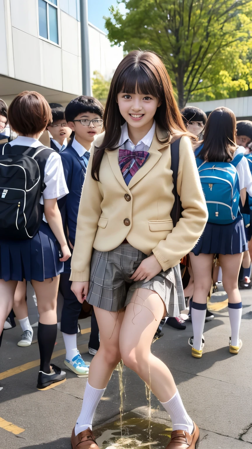 (masterpiece, best quality:1.2), (realistic,photo-realistic:1.4), RAW photo, highres, extremely detailed, intricate details, (full body, from below), solo, 1girl, a 14 years old japanese women, (fine fabric texture, blouse, school bowtie, plaid mini-skirt, bare legs, thighs, socks, loafers:1.2), (huge breasts), dark hair, bowl cut hair, detailed eyes, detailed face, sophisticated nose, fine-textured skin, pale skin, smile, (standing with spread legs wide apart, desperate pose, peeing self, pee stain, urination:1.5), (pee puddle), photo background, outdoors, the way to home from school, (surrounded by students, schoolmates in background:1.8),