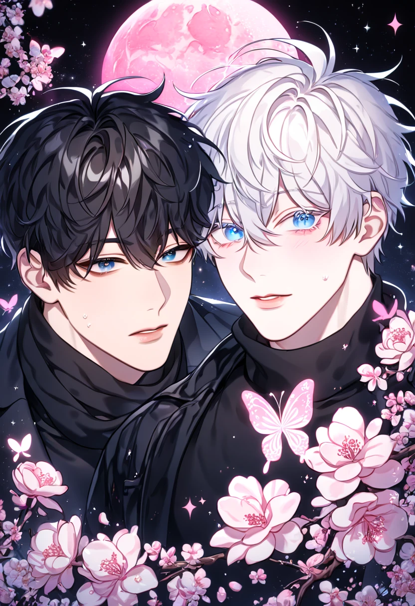 absurdres, highres, ultra detailed, HDR, master piece, best quality, extremely detailed face, delicated features, Kang Woojin, black hair, messy hair, expressive dark blue eyes, Love Jinx, Gojou Satoru, white hair, expressive blue eyes, white eyelashes, two sexy men together, gay couple, yaoi, handsome, black coat, black sweater, black scarf, fantasy, magical, radiant, blossoms, pink flowers, pink butterflies, starry night, shining pink moon