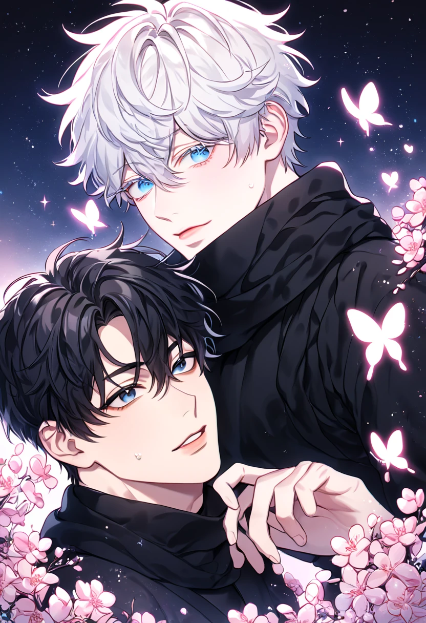 absurdres, highres, ultra detailed, HDR, master piece, best quality, extremely detailed face, delicated features, Kang Woojin, black hair, messy hair, expressive dark blue eyes, Love Jinx, Gojou Satoru, white hair, expressive blue eyes, white eyelashes, two sexy men together, gay couple, yaoi, handsome, black coat, black sweater, black scarf, fantasy, magical, radiant, blossoms, pink flowers, pink butterflies, starry night, shining pink moon