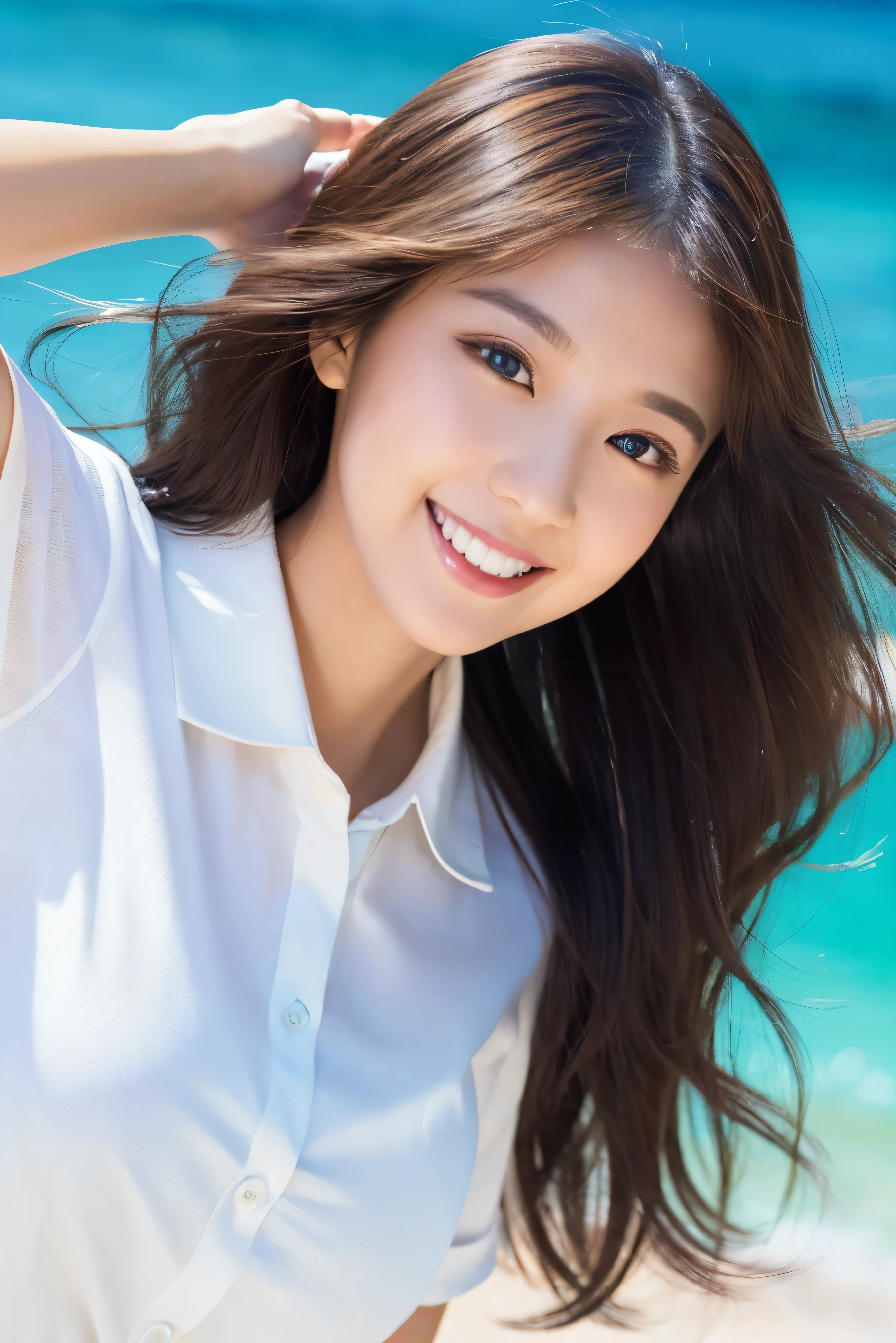 ((Highest quality、Tabletop、8k、Best image quality、Extremely intricate and detailed))、(1 person photo:1.1)、(Look at me with your best smile:1.1)、(Beautiful beaches:1.1)、(White polyester high short sleeve collar shirt:1.1)、(The perfect short sleeve collared shirt:1.1)、Accentuate your body lines、The most natural and perfect sea background、The clearest and most beautiful sea、(Very large breasts:1.1)、(Face close-up:1.2)、Glamorous Body、Hair swaying in the wind、Sandy Beach、Beautiful sea、The clearest and most shining sea、Complex sea glow、The most detailed and realistic ocean、Beautiful sea details are drawn、(Very brightly lit face:1.2)、Ultra-high definition beauty face、(Ultra high resolution perfect beautiful teeth:1.1)、Ultra HD Hair、Ultra-high definition sparkling eyes、(Pure white skin shining in ultra-high resolution:1.2)、Ultra-high quality glossy lips、The cutest gravure pose、(Very bright and vivid:1.2)、(Very bright:1.2)、(Very refreshing:1.1)、(Glowing white beautiful skin:1.2)、(Very strong exposure:1.2)、(Pure white skin that shines Very brightly:1.2)、(Very strong highlights:1.2)、(Very bright and glowing skin:1.2)、Blurred Background