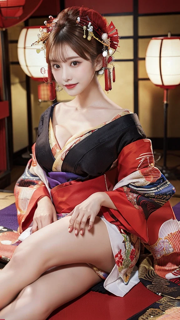 (Detailed skin:1.2),(Glowing Skin:1.1),8k,Highest quality, masterpiece, Ultra-high resolution,(Realistic:1.4), RAW Photos,(Soft Saturation:1.3),(Fair skin:1.2),Half Japanese Beauty,repair,20 years, Light brown hair, (Updo:1.2), Asymmetrical hair, (Pretty face:1.4), (Large Breasts, Tight waist), Beautiful lighting, (Sexy Oiran:1.2,),Highly detailed face, Highly detailed lips, fine grain, double eyelid, (Sharp focus: 1.2), (Perfect Anatomy),(Beautiful woman with perfect figure: 1.2)、Exposing cleavage、Random sexy poses,(Accentuate the lines of your legs)、kimono、Sharp eyes,smile、Gorgeous hair ornament、Japanese style background