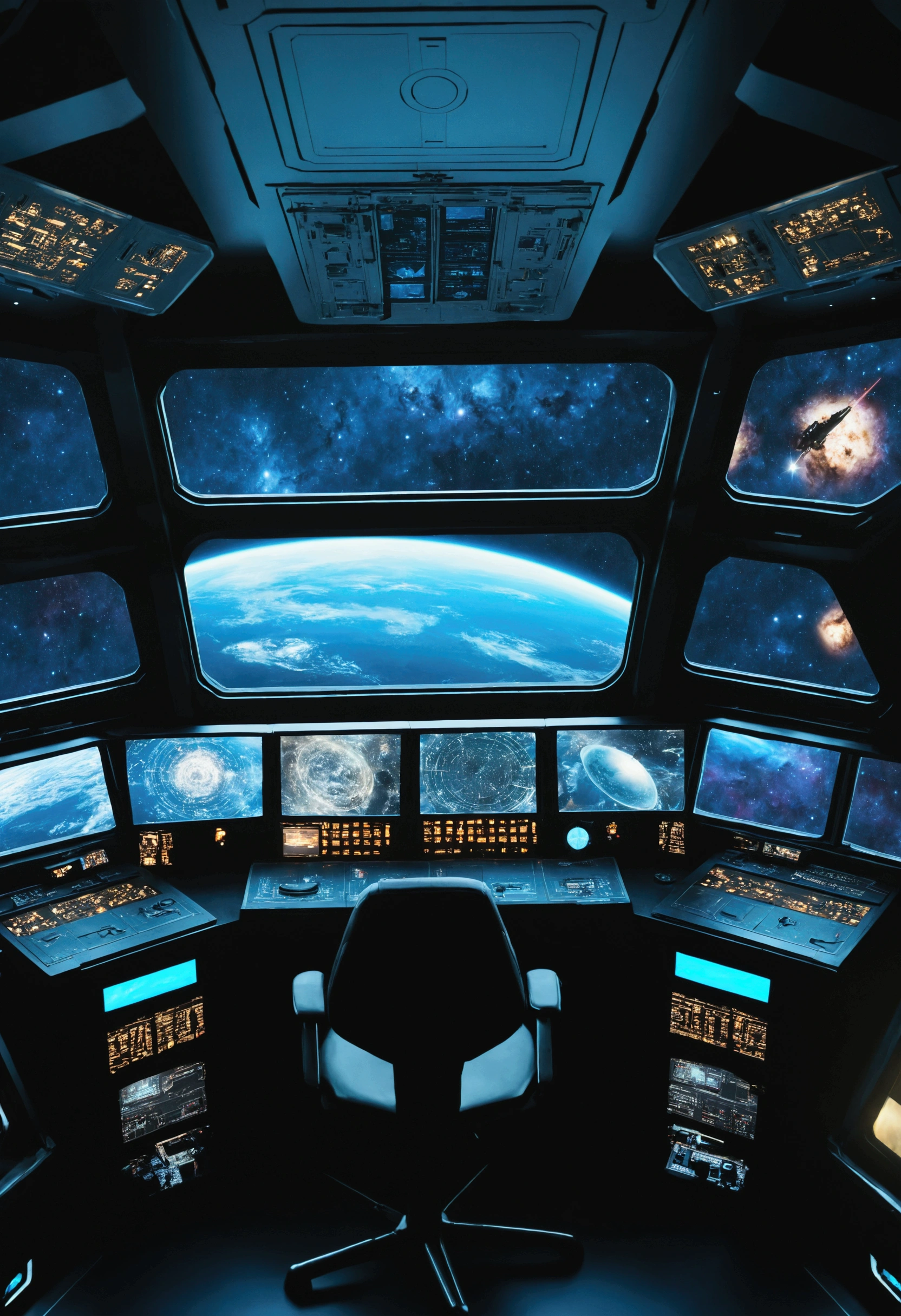 Inside the bridge of a space battleship about 1500 years later. From the window, You can see alien star landscapes, The entire space is、It is full of working consoles with electronics and screens,There is a control seat for 20 crew members Full HD