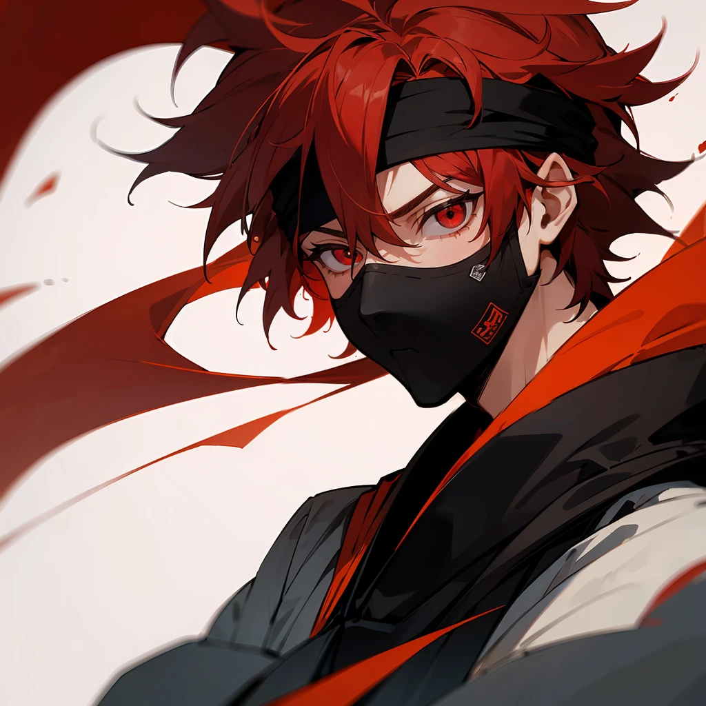 Naked man with horns, ninja mask over lower face kawaii