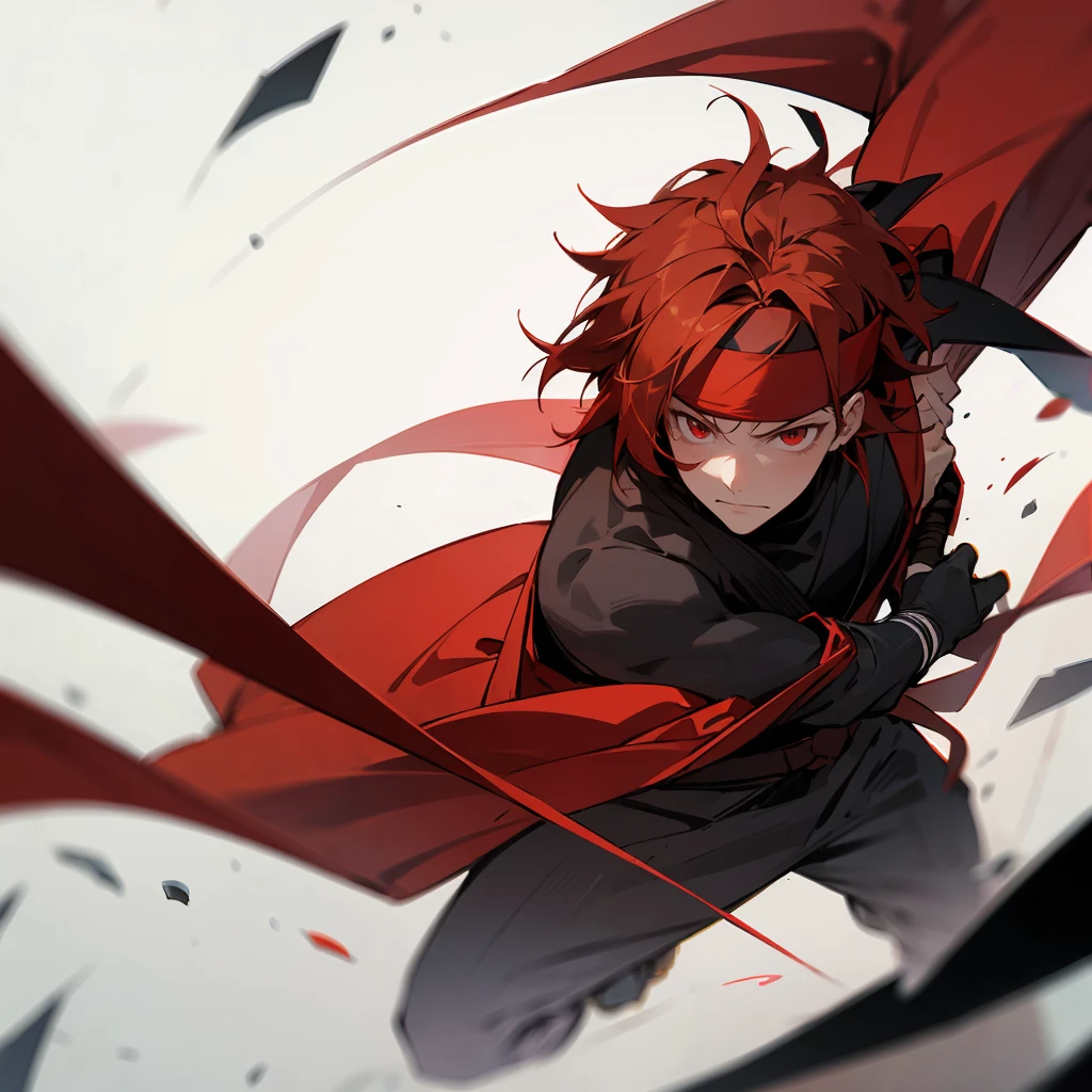 boa ,now create a boy with red hair with firepower and a black shirt with tie and black pants with a red katana and firepower coming out of his hand
