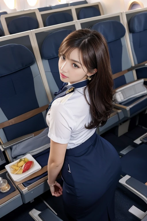 masterpiece, Highest quality, Realistic, Very detailed, Finer details, High resolution, 8k wallpaper, One beautiful woman, (((Wear a navy blue flight attendant uniform))), Wearing a tight skirt, wearing heeled shoes, ((In the aisle of the first class seats on an airplane: 1.4)), At night, Light brown messy hair, Perfect dynamic composition, Beautiful and beautiful eyes、Small earrings、Are standing、whole body