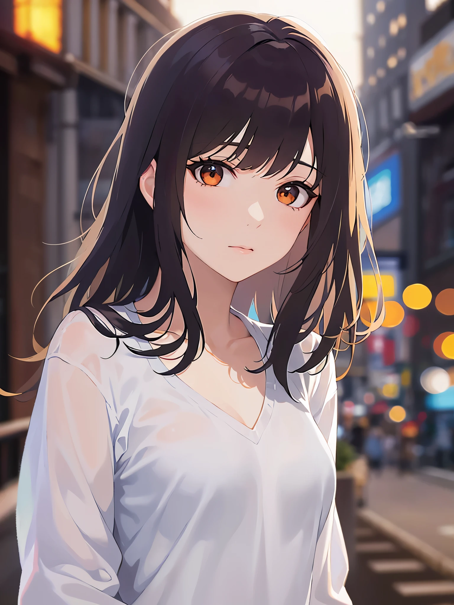 (looking away:1.5),Upper Body,
Realistic, real person, (pale skin: 1.2), RAW photo, photorealistic, shiny skin, shiny hair、
(A 25-year-old woman with medium-length hair and bangs) and (wavy hair) and (brown hair) and (orange eyes) 、
frown, Wearing a white V-neck long sleeve 、The background is a back alley at night、(Night Sky:1.5)