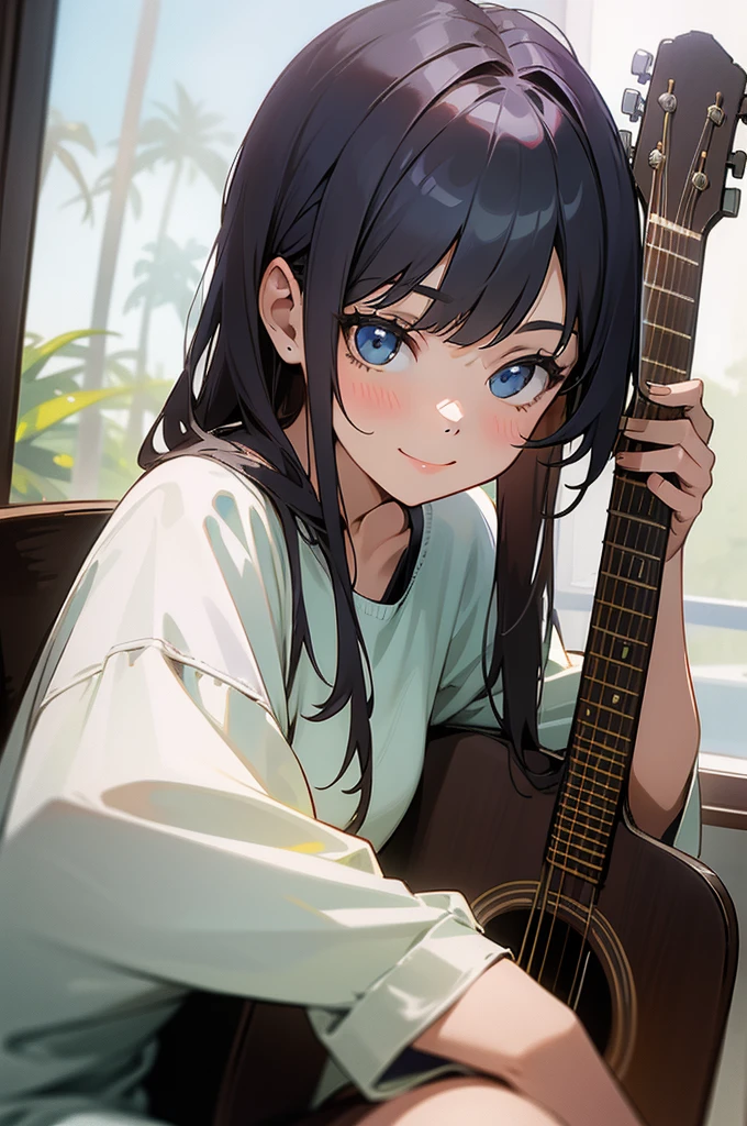 1 girl, sitting down with an acoustic guitar, background inside a house sitting behind a window that shows LA with palm trees, she is facing towards you, looking towards you, with a big smile,