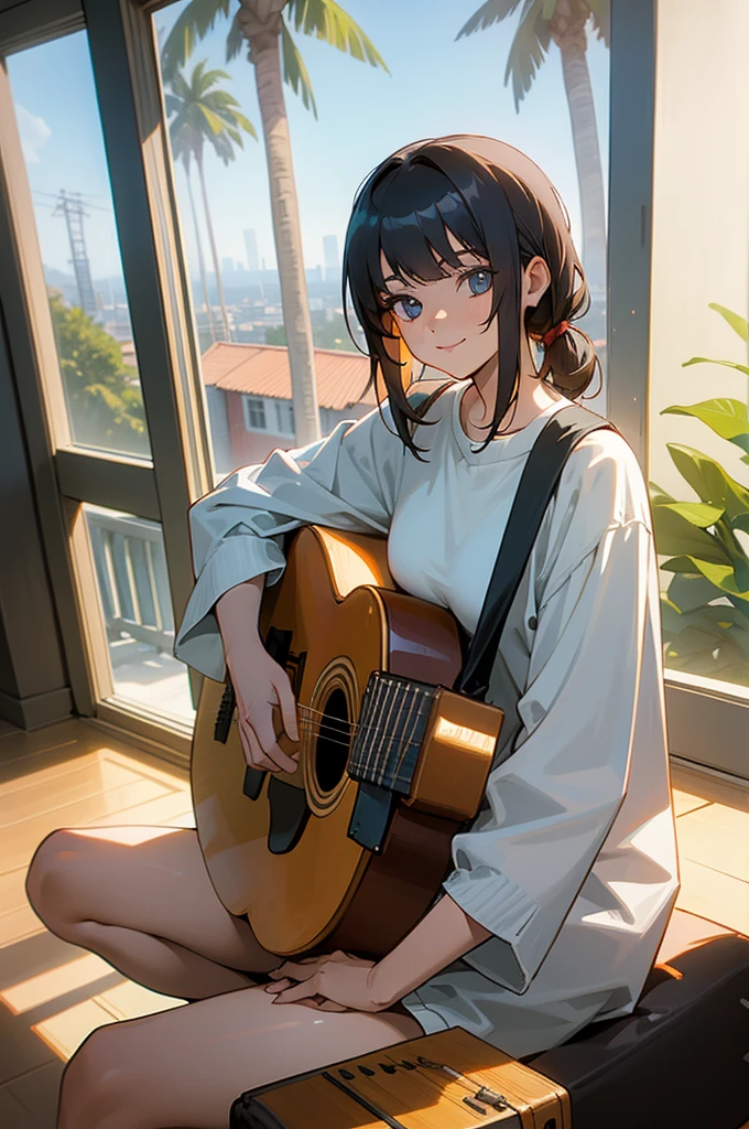 1 girl, sitting down with an acoustic guitar, background inside a house sitting behind a window that shows LA with palm trees, she is facing towards you, looking towards you, with a big smile,