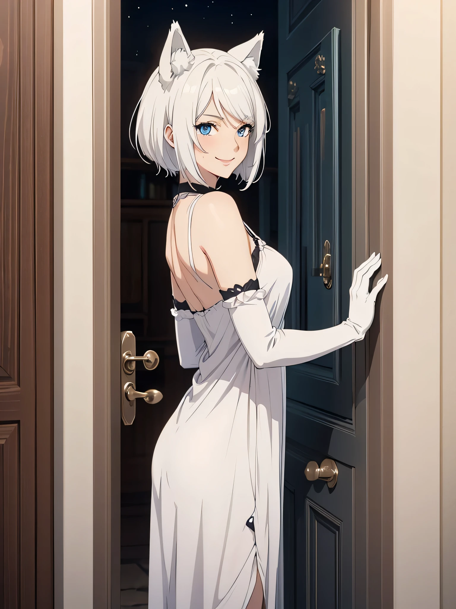 high resolution Best image quality 8K Adult females Anime style White long gloves(Elbow gloves) Nightdress White wolf ears short hair((shortcut)(White hair)(Perm)(Fluffy)) blue eyes Charming face((Smile)) Standing at the door of the ancient building, smiling