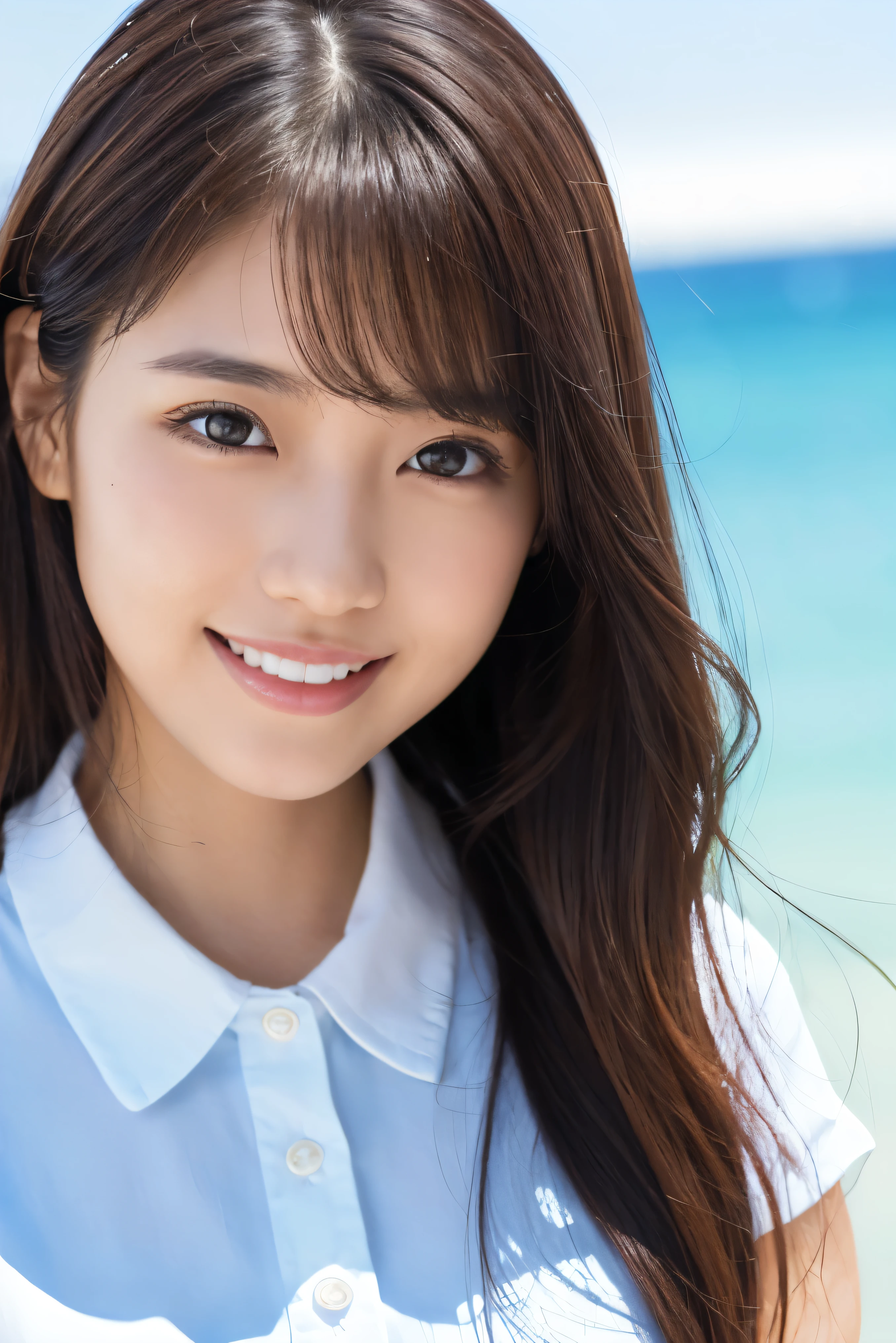 ((Highest quality、Tabletop、8k、Best image quality、Extremely intricate and detailed))、(1 person photo:1.1)、(Look at me with your best smile:1.1)、(Beautiful beaches:1.1)、(White polyester high short sleeve collar shirt:1.1)、(The perfect short sleeve collared shirt:1.1)、Accentuate your body lines、The most natural and perfect sea background、The clearest and most beautiful sea、(Very large breasts:1.1)、(Face close-up:1.2)、Glamorous Body、Hair swaying in the wind、Sandy Beach、Beautiful sea、The clearest and most shining sea、Complex sea glow、The most detailed and realistic ocean、Beautiful sea details are drawn、(Very brightly lit face:1.2)、Ultra-high definition beauty face、(Ultra high resolution perfect beautiful teeth:1.1)、Ultra HD Hair、Ultra-high definition sparkling eyes、(Pure white skin shining in ultra-high resolution:1.2)、Ultra-high quality glossy lips、The cutest gravure pose、(Very bright and vivid:1.2)、(Very bright:1.2)、(Very refreshing:1.1)、(Glowing white beautiful skin:1.2)、(Very strong exposure:1.2)、(Pure white skin that shines Very brightly:1.2)、(Very strong highlights:1.2)、(Very bright and glowing skin:1.2)、Blurred Background